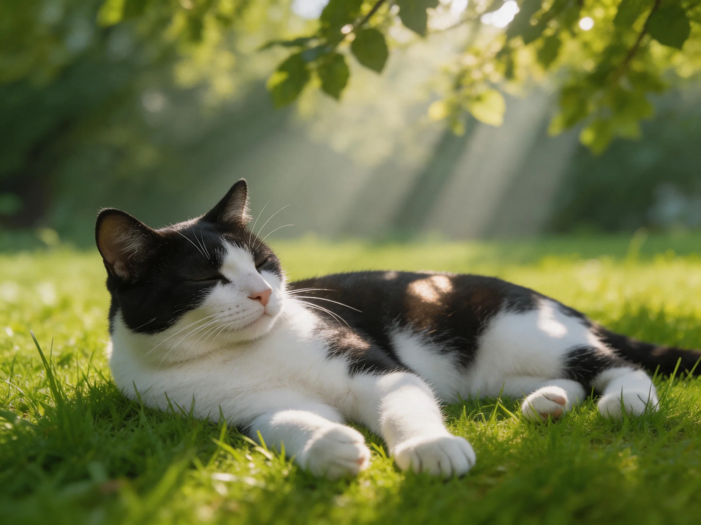 A black-and-white cat relaxes on sunlit green grass in a shaded outdoor area.