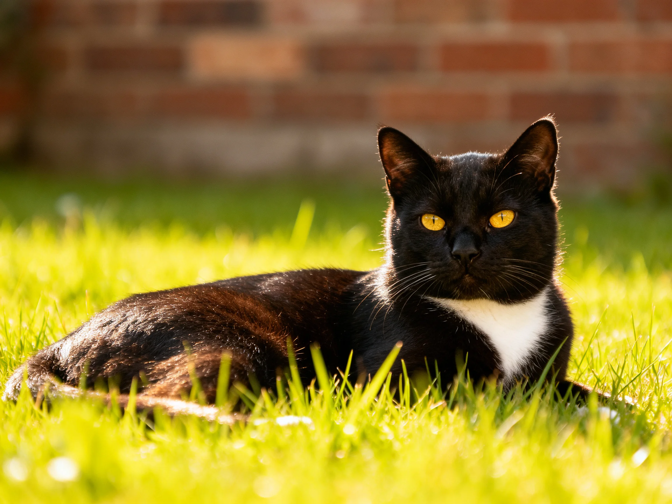 A black-and-white cat relaxes on grass with a brick wall behind it.