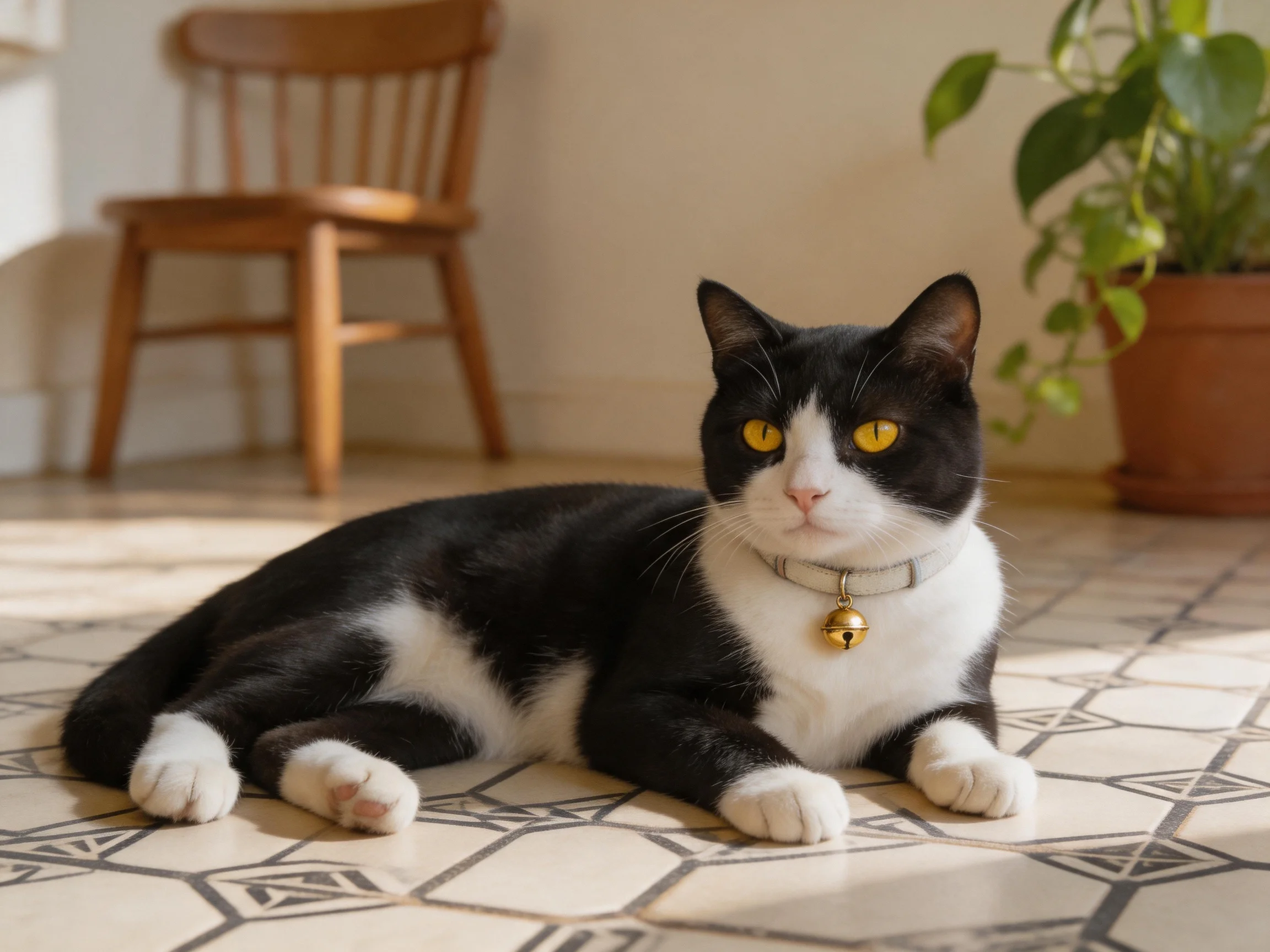 A black and white cat relaxes on tiled flooring near a wooden chair and potted plant.