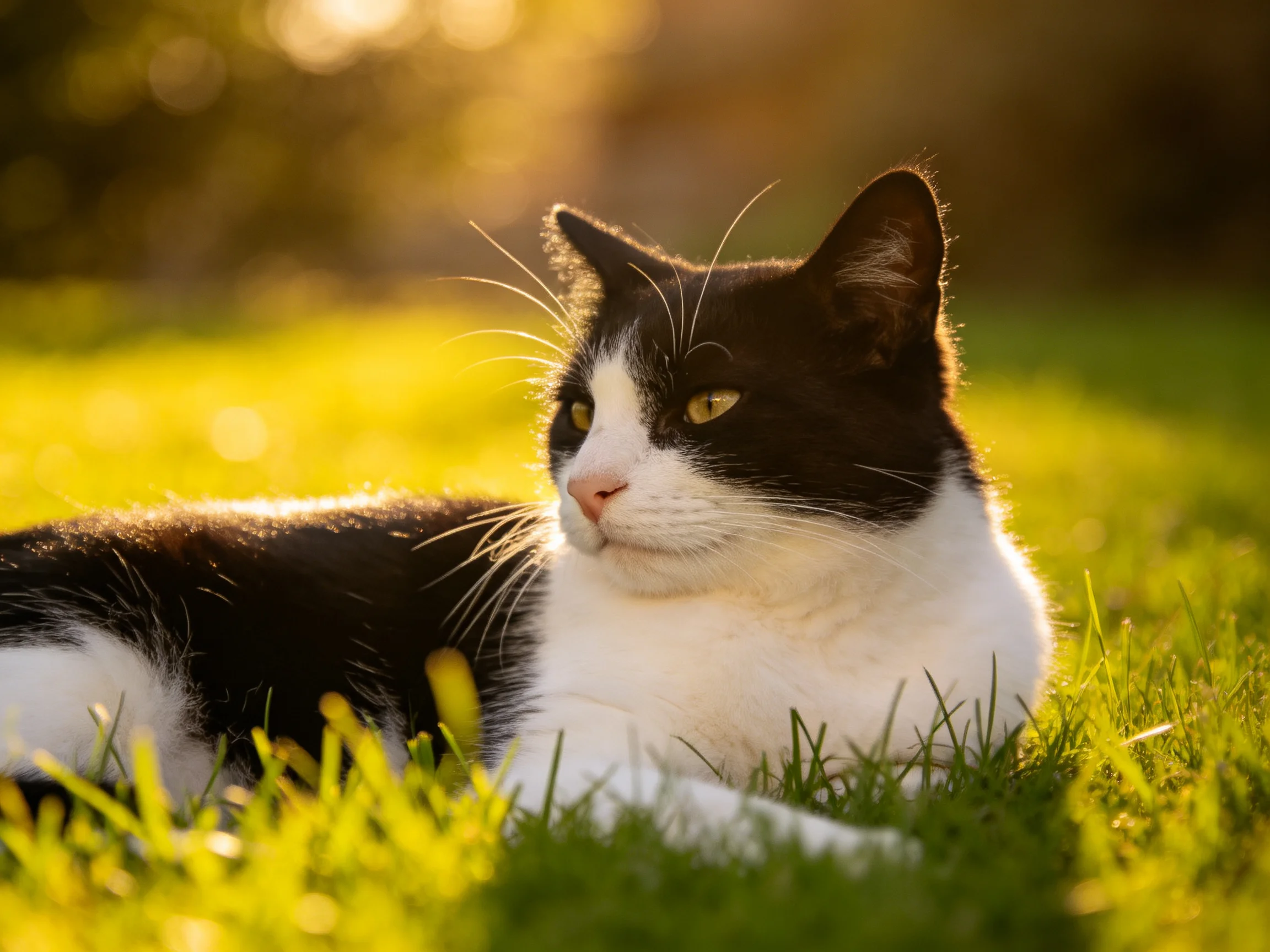 A black and white cat lounging on sun-drenched green grass