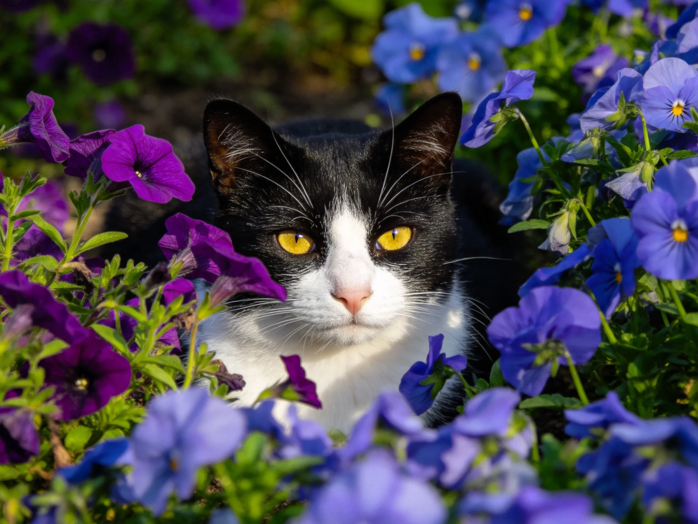 A black-and-white cat sits among colorful flowers in a sunny garden.