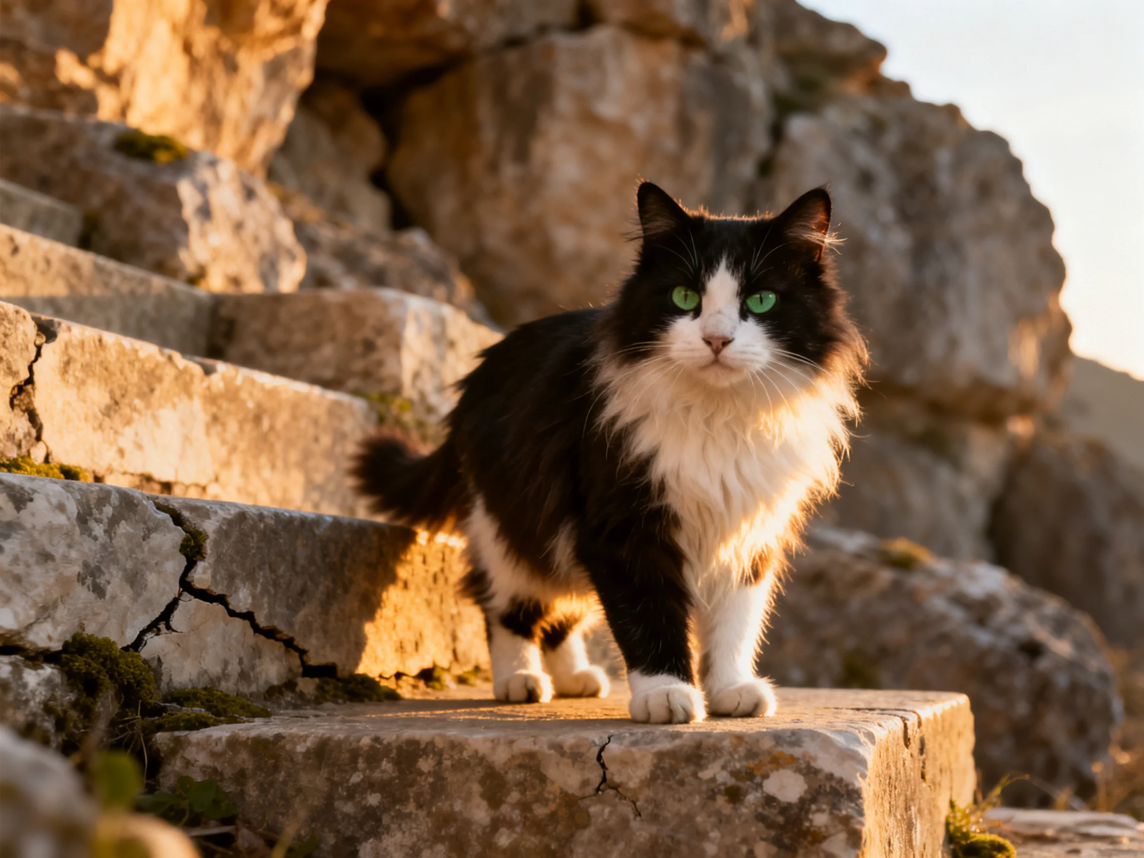 A black-and-white cat stands on weathered stone steps in golden light.