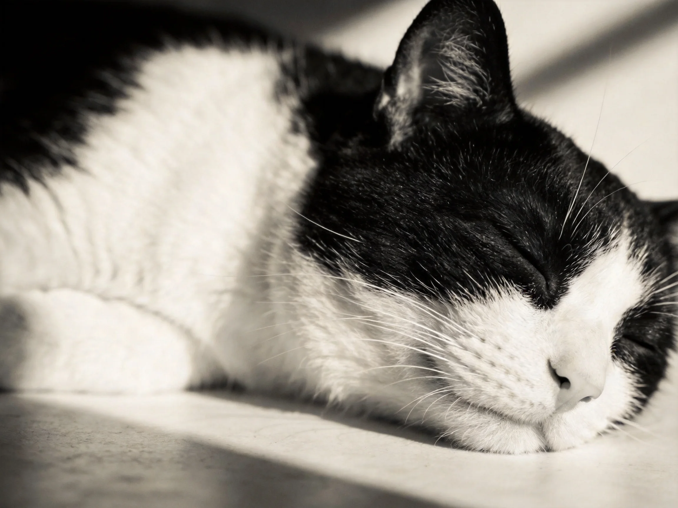 A black and white cat peacefully sleeps on a smooth surface with gentle lighting