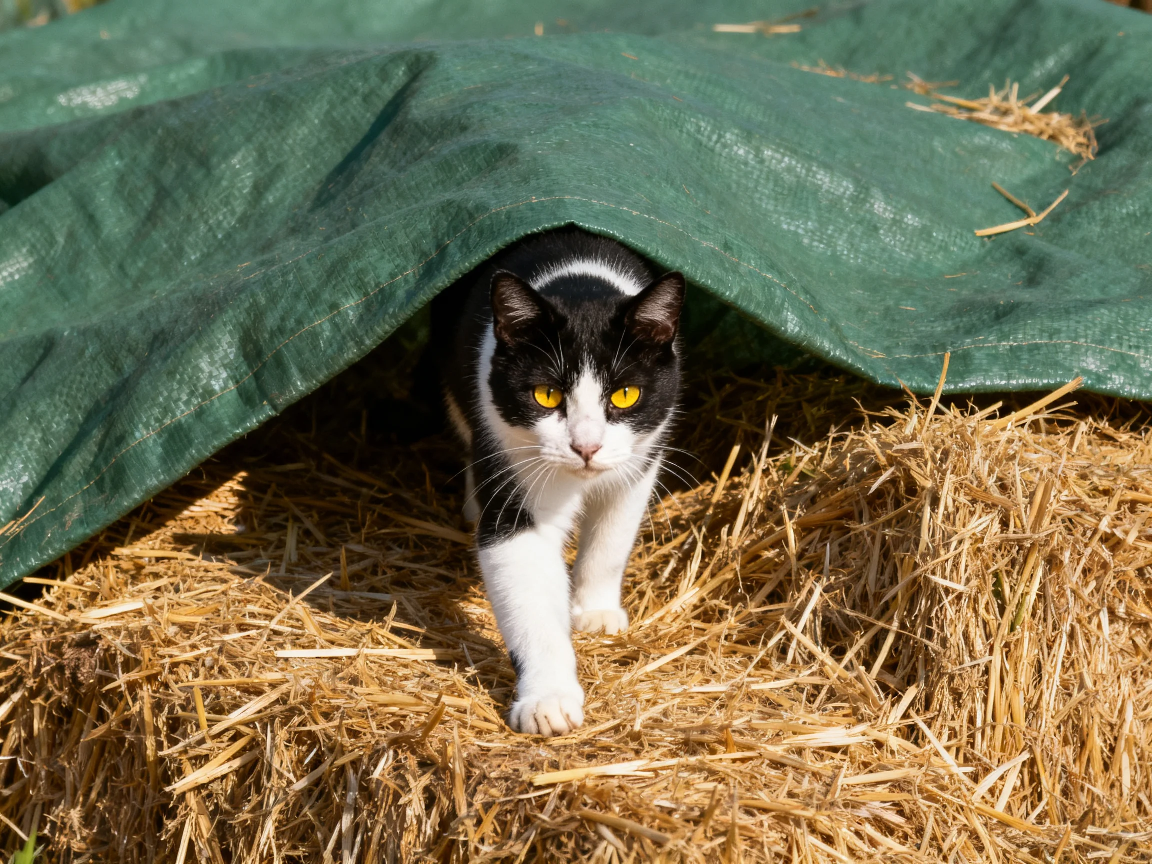 A black and white cat peeks out from under a green tarp on hay