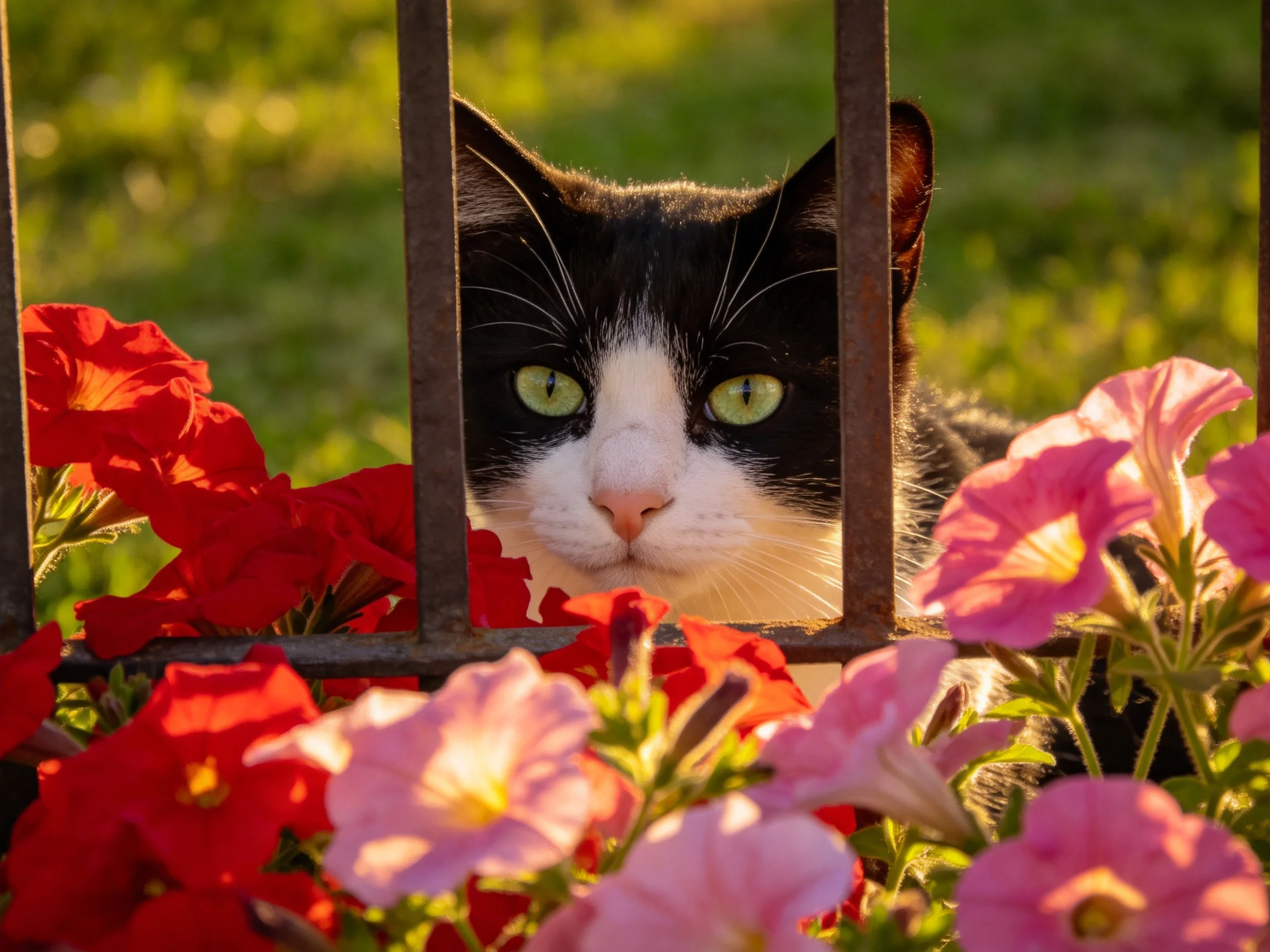 A black-and-white cat observes from behind metal bars among colorful blooms.