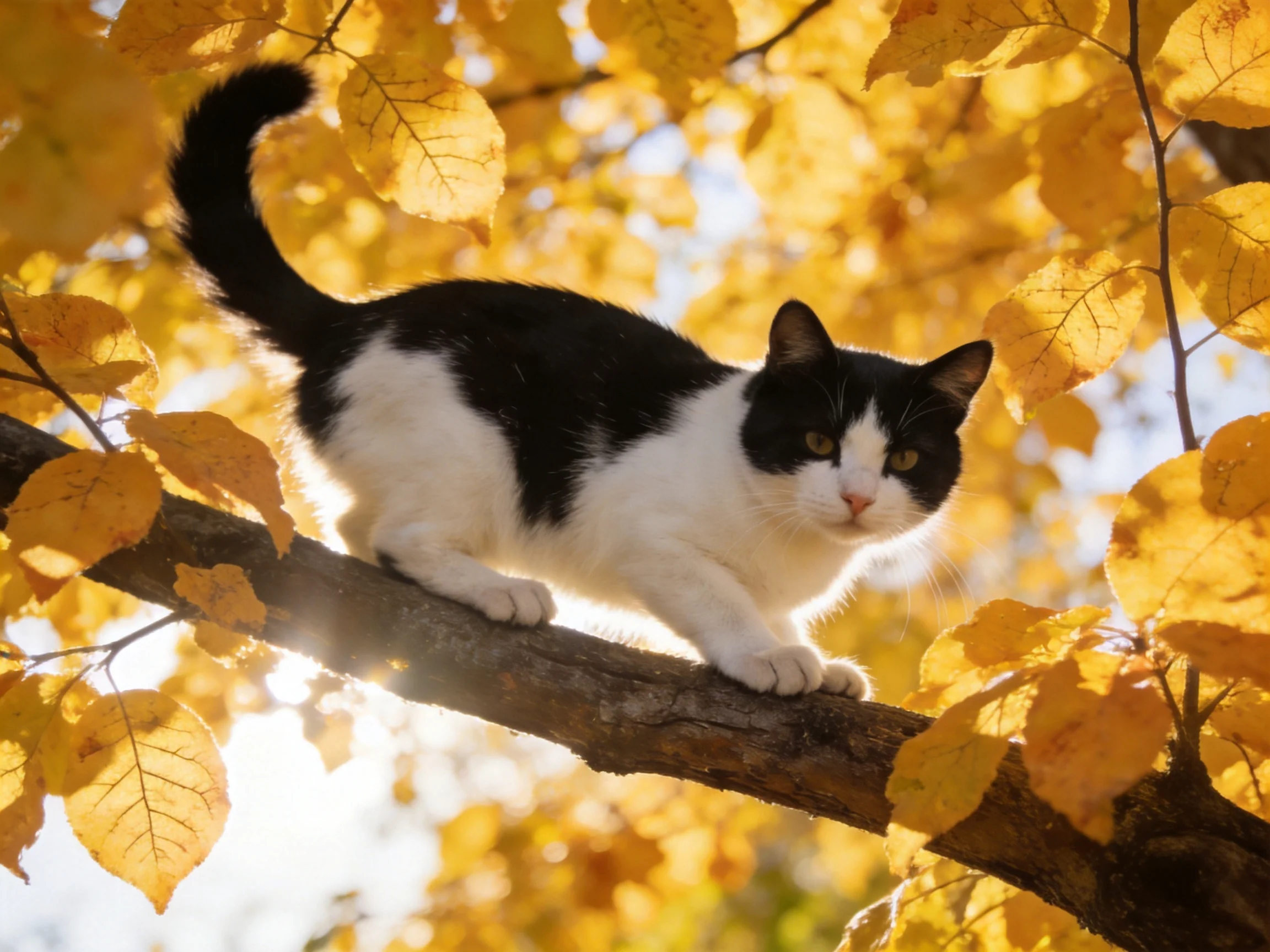 A black-and-white cat stands on a branch surrounded by autumn leaves