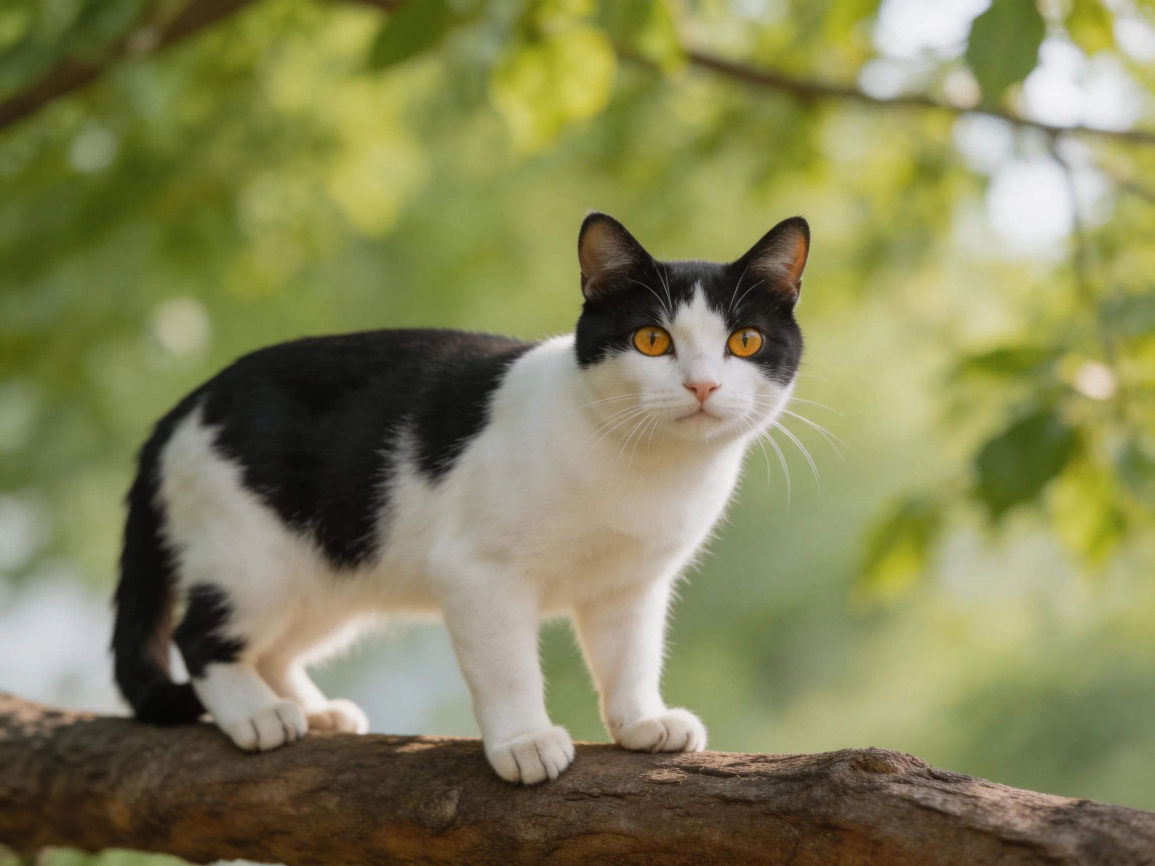 A black-and-white cat stands on a tree branch surrounded by green foliage.