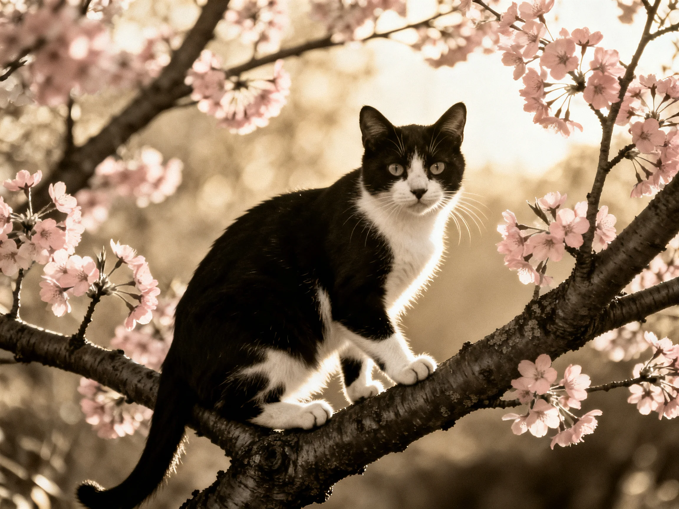A black-and-white cat sits on a tree branch amidst cherry blossoms.