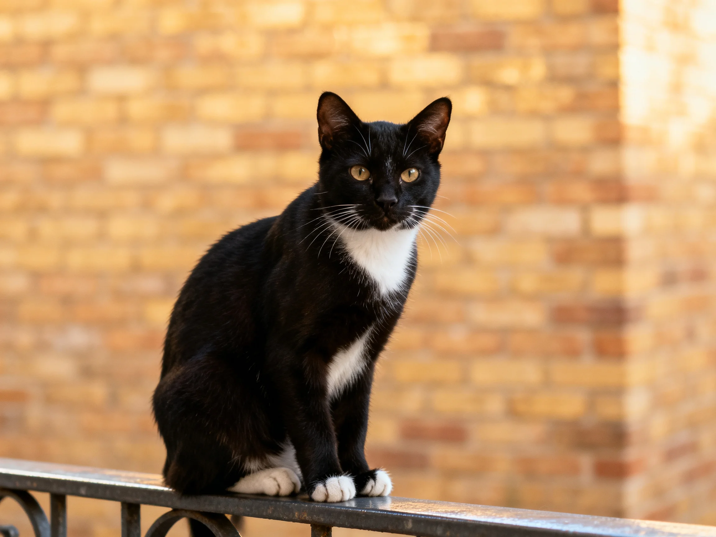 A black and white cat sits on a metal railing with a brick wall in the background.