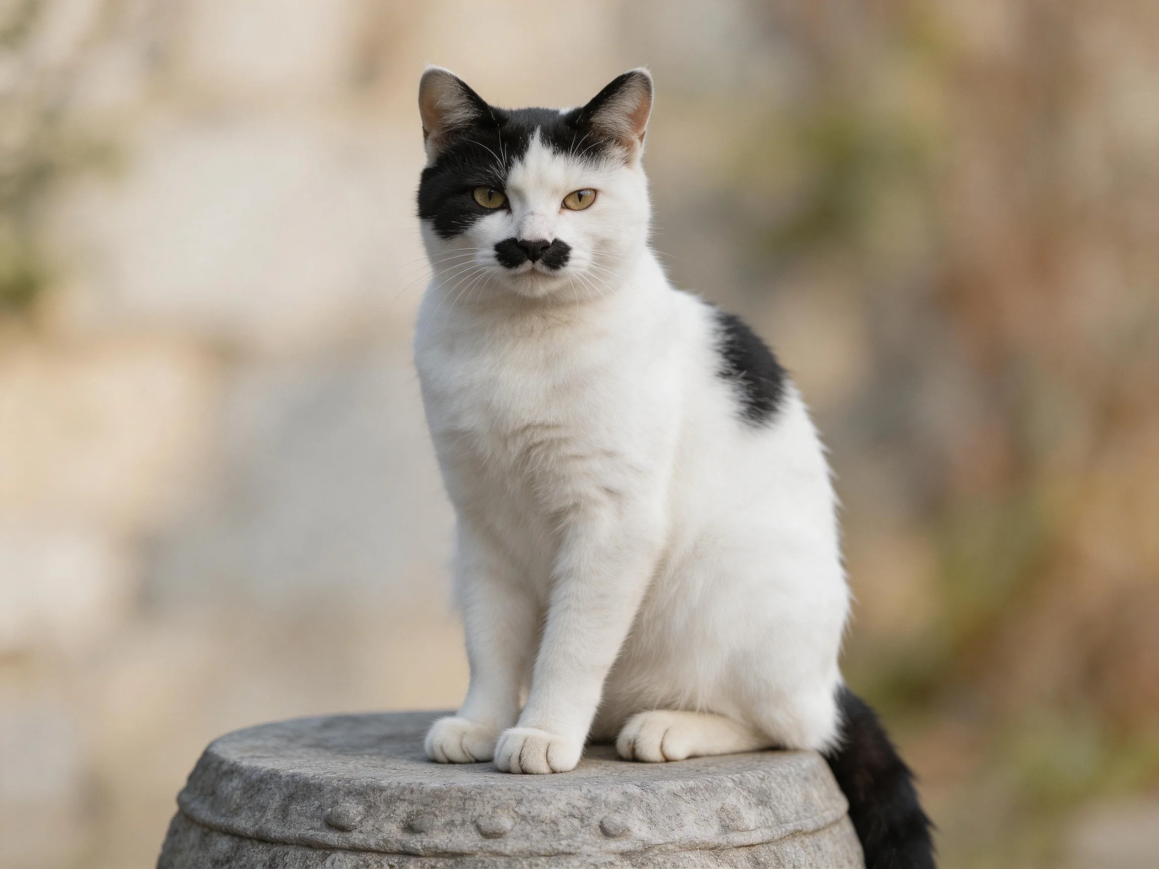 A black-and-white cat sits atop a weathered stone pedestal in an outdoor setting.