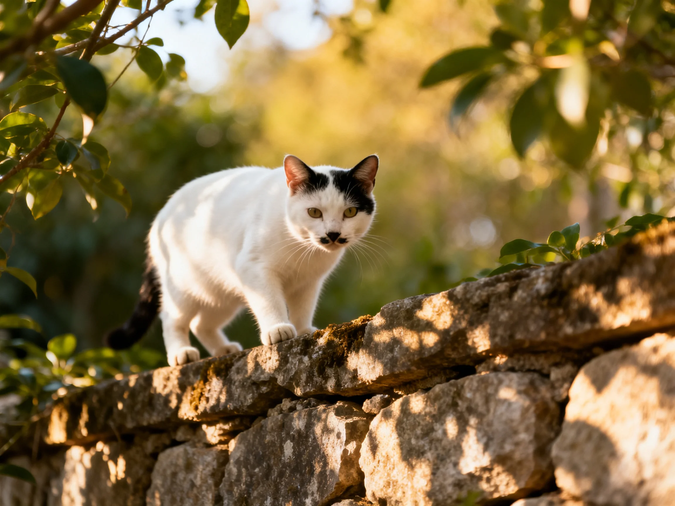 A black-and-white cat stands alert on a weathered stone wall surrounded by greenery.