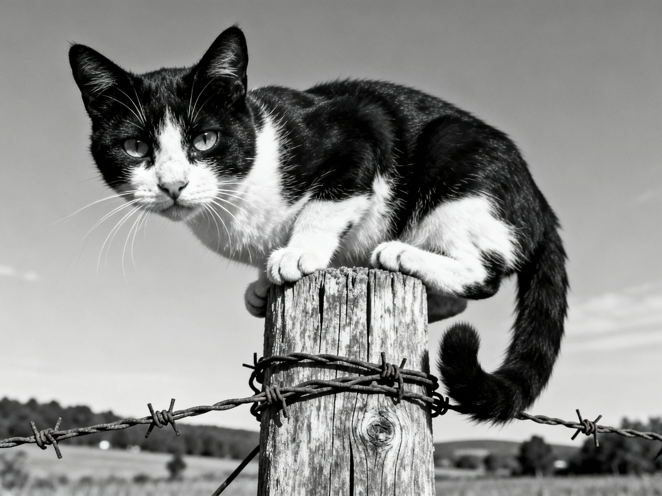 A black-and-white cat sits atop a weathered fence post with barbed wire.