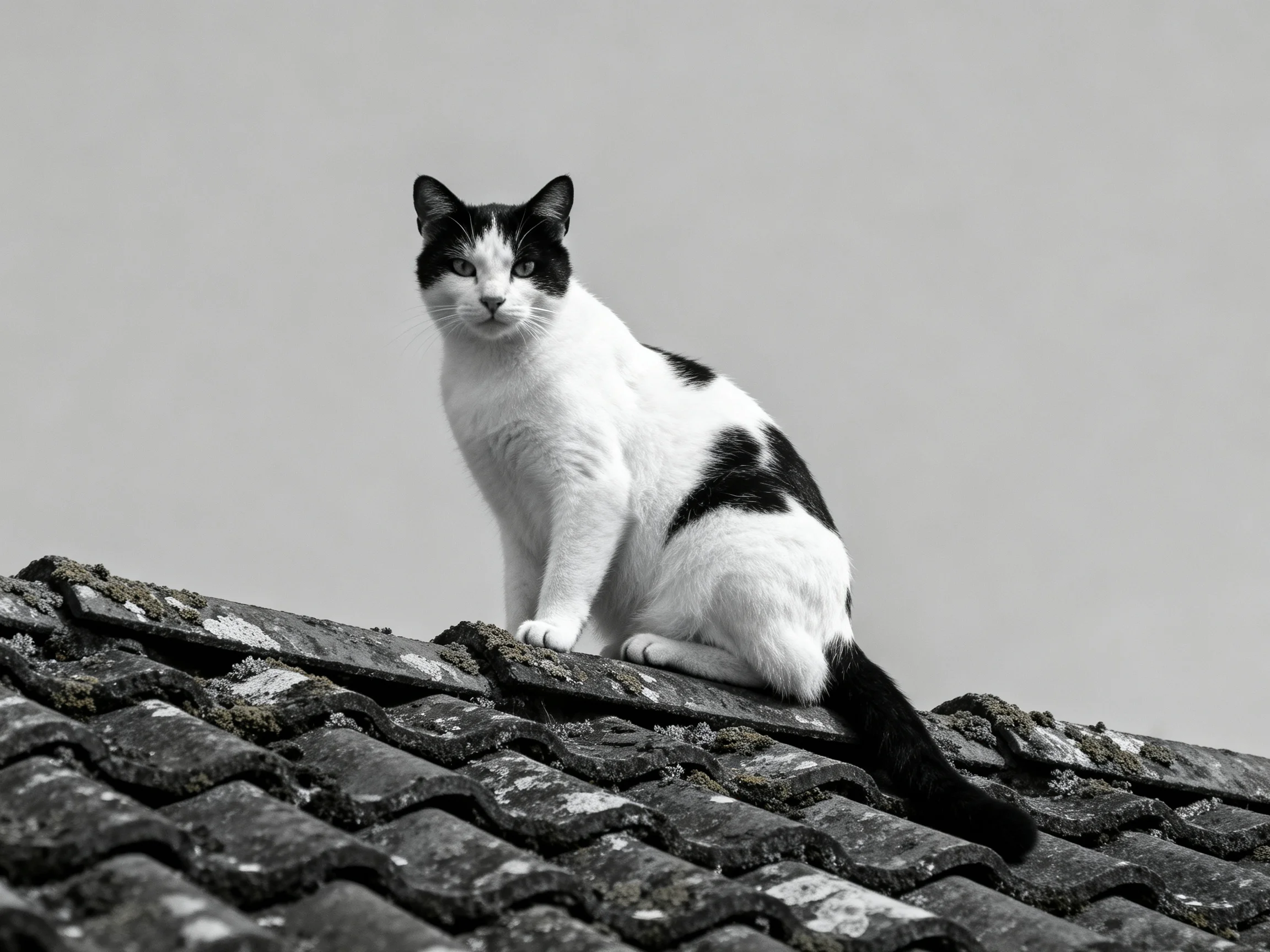 A black-and-white cat sits on an aged tiled roof.