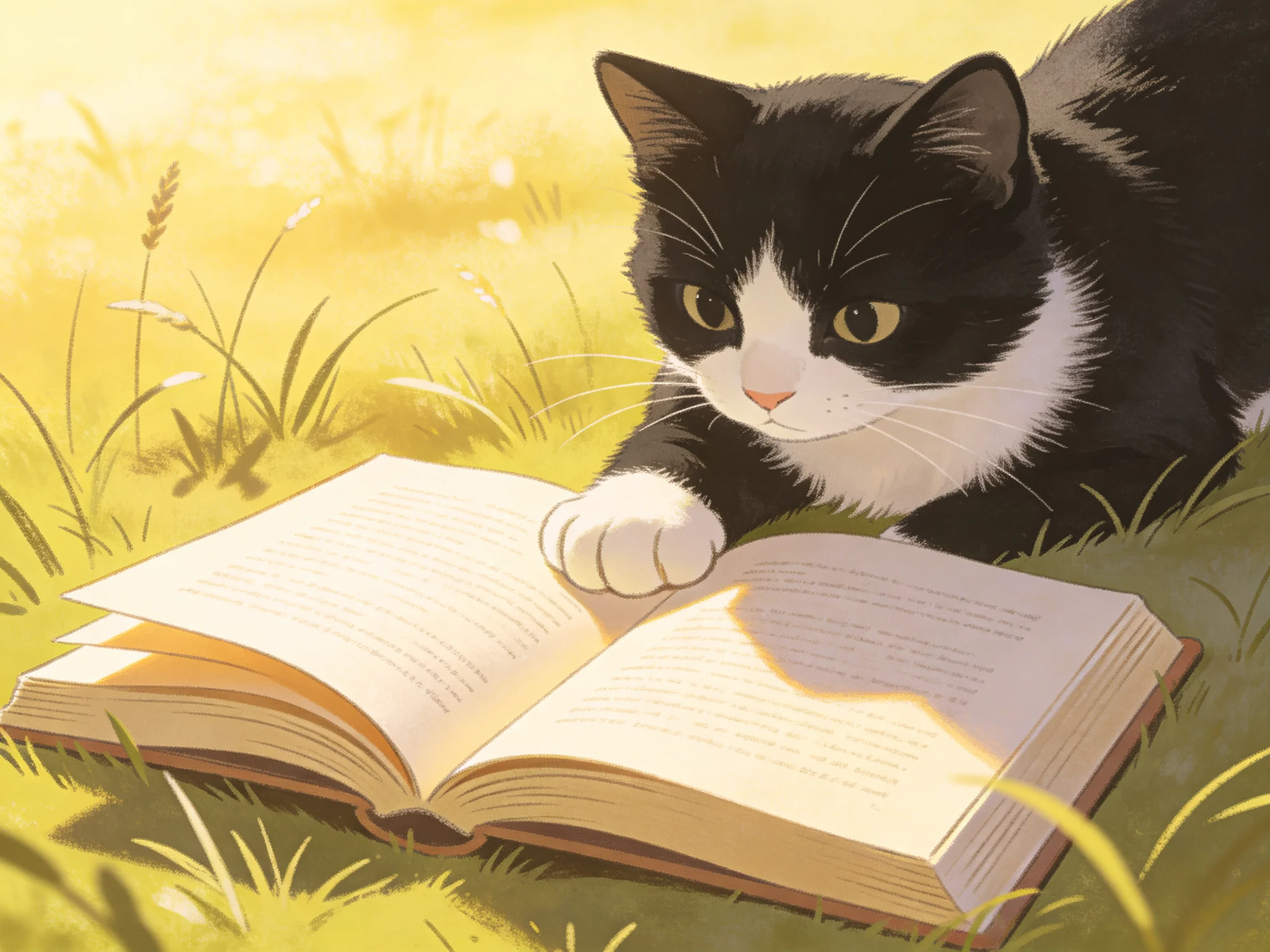 A black and white cat reading an open book in a sunlit meadow