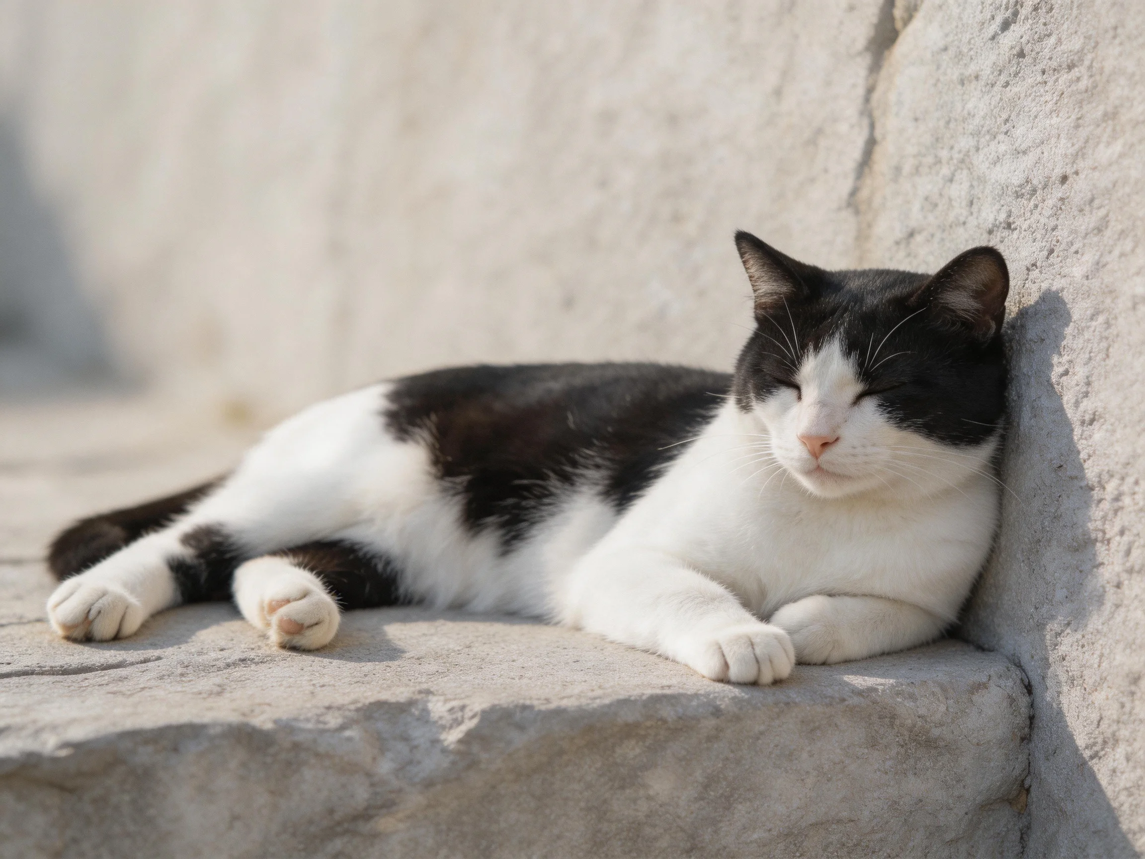 A black-and-white cat relaxes on a stone ledge near a wall
