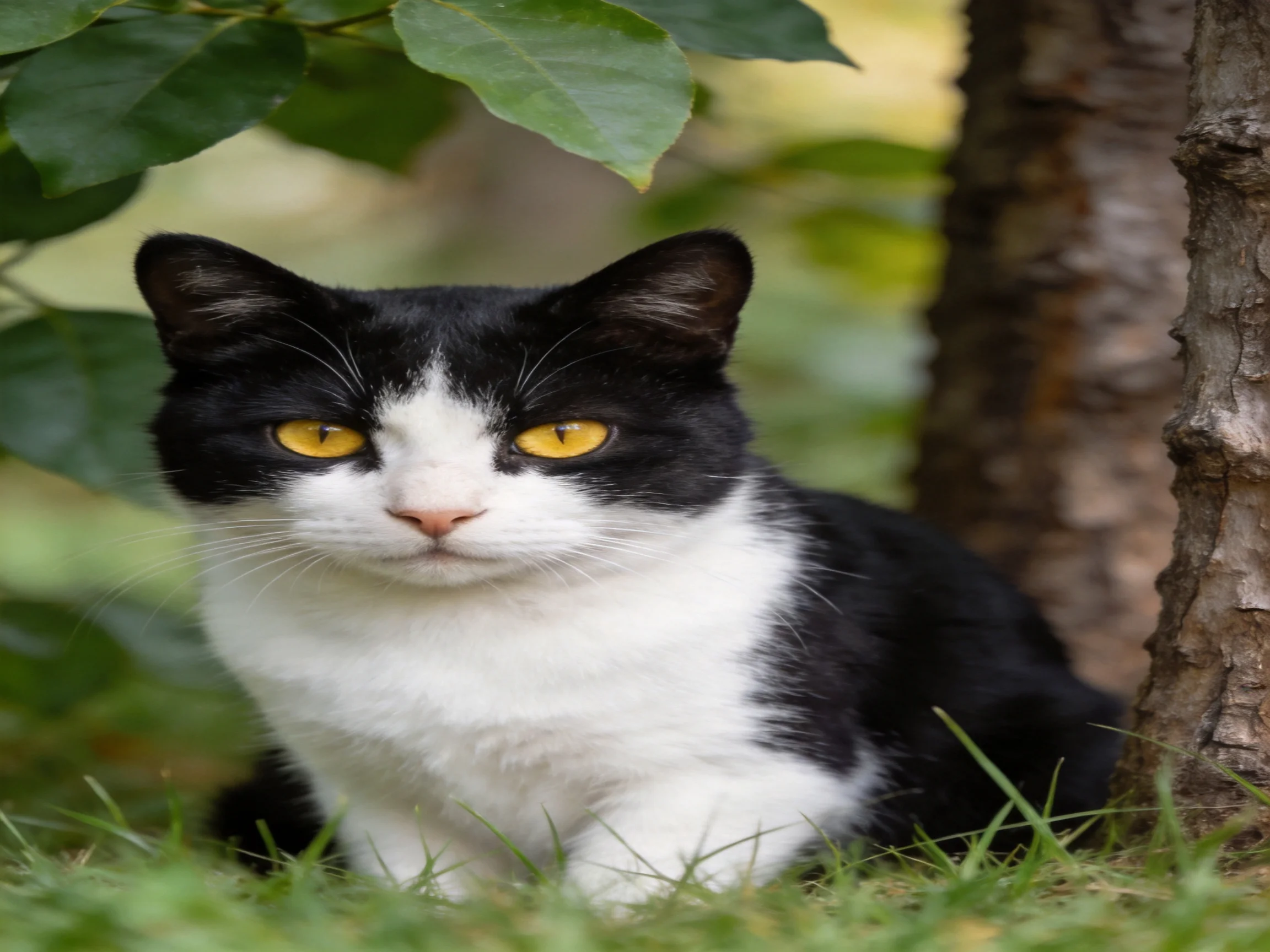 A black and white cat sits near a tree trunk in a leafy outdoor area.