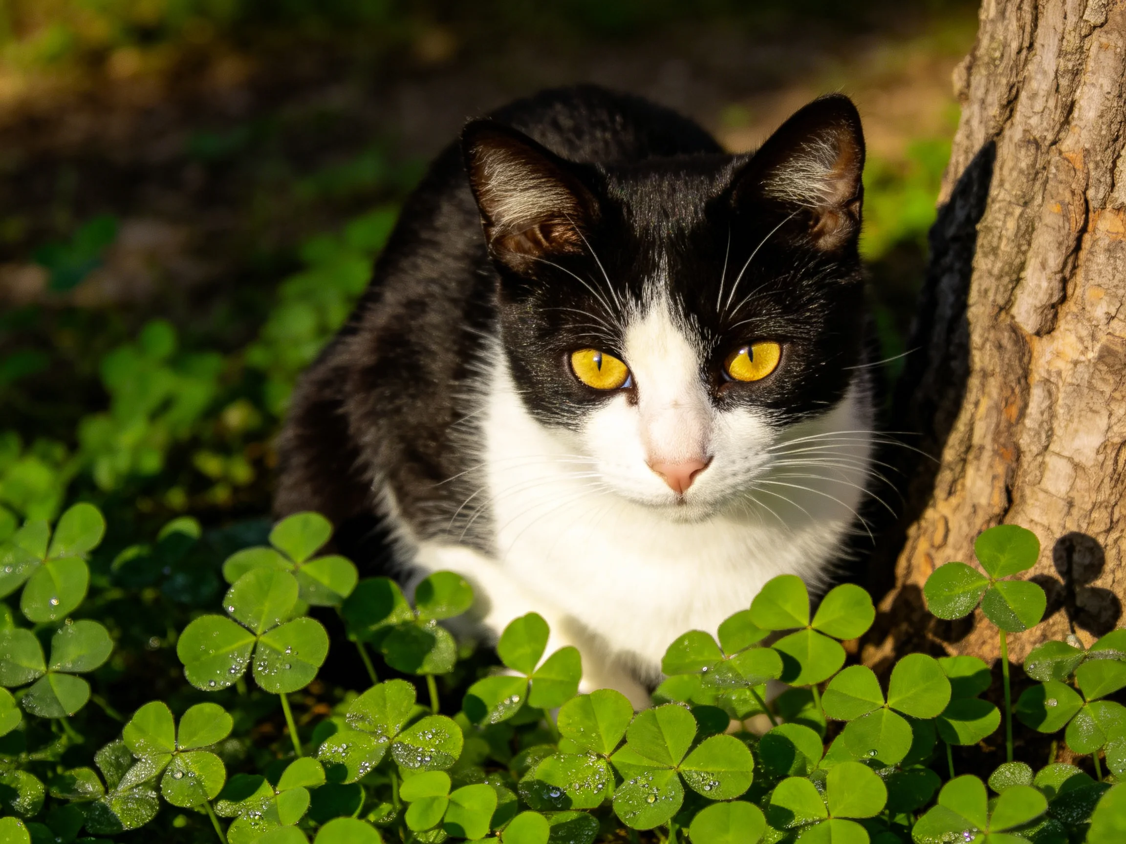 A black-and-white cat sits among clover near a tree in bright daylight.