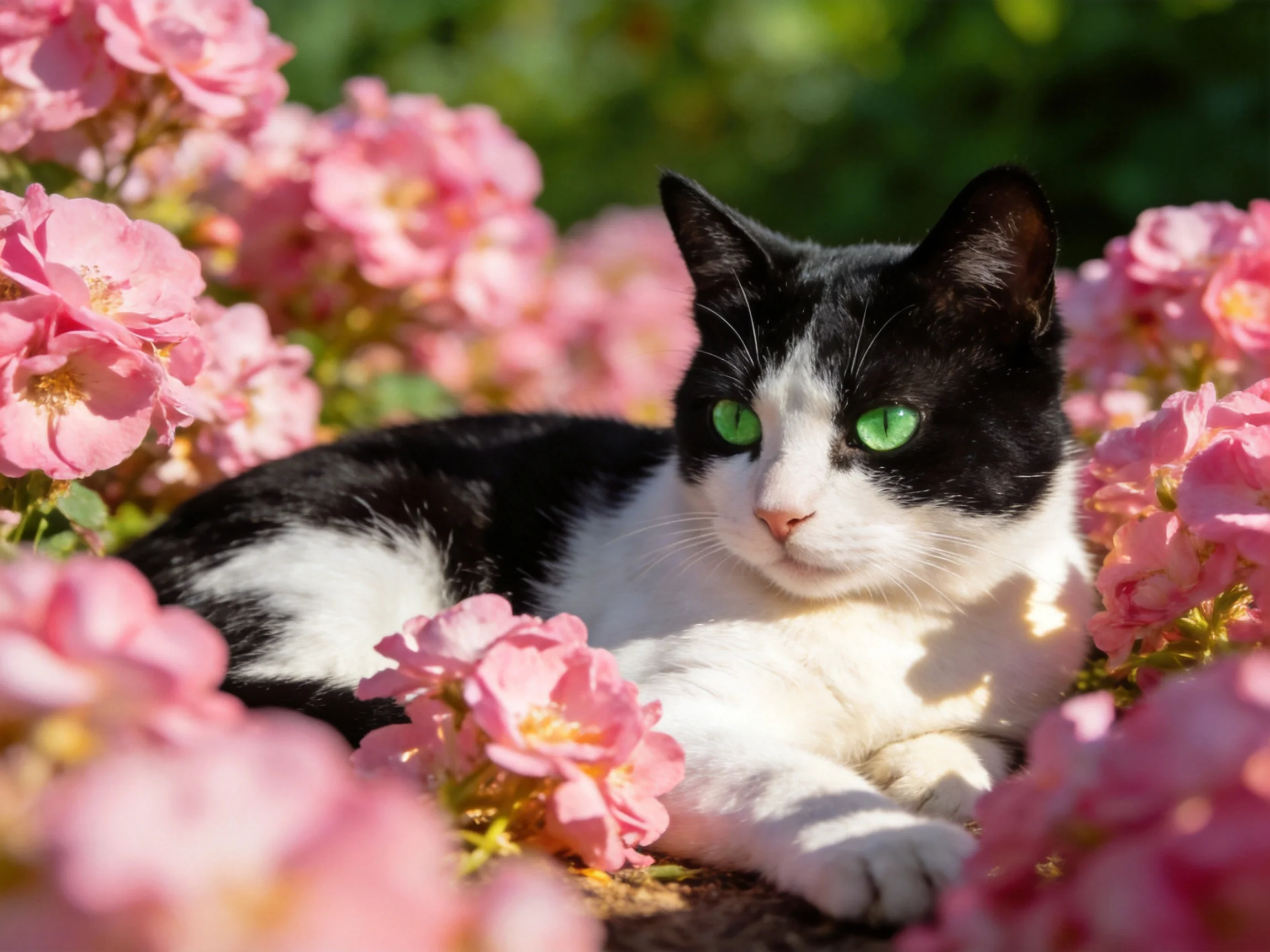 A black-and-white cat rests among pink roses in bright sunlight