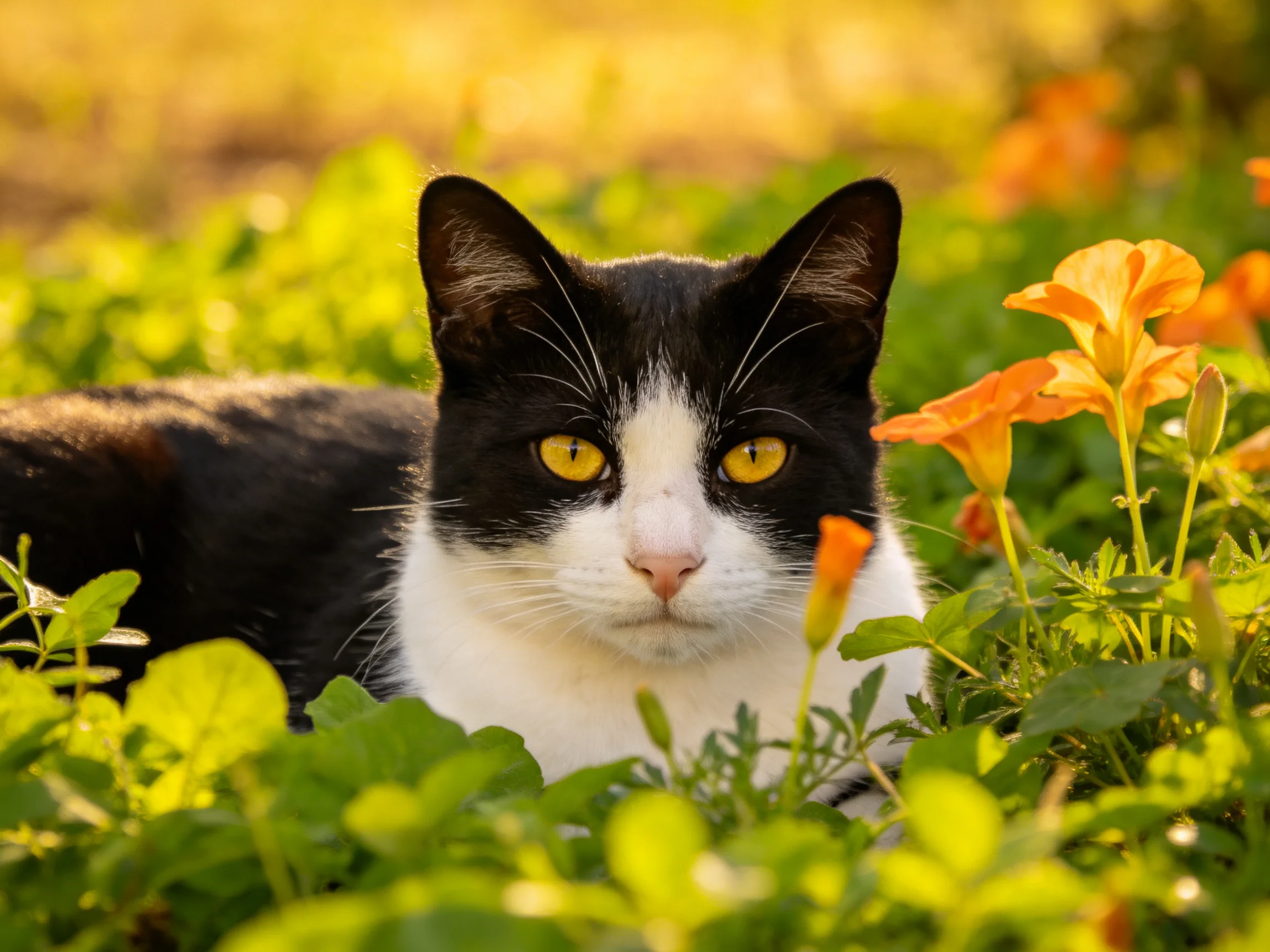 A black-and-white cat lies amongst flowers and green plants in a sunlit outdoor setting.