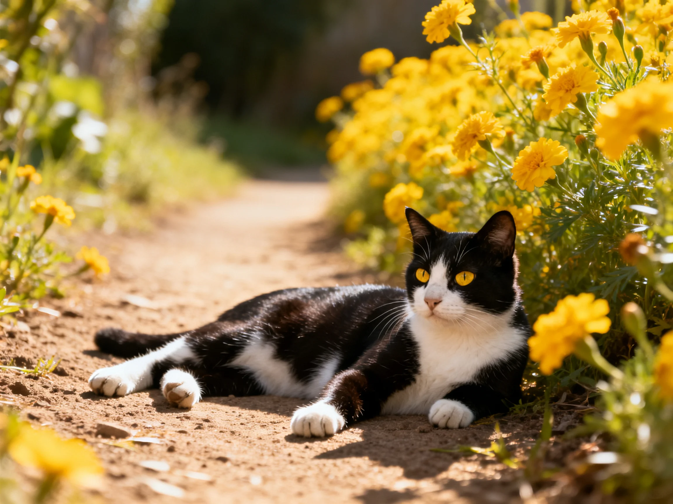 A black-and-white cat relaxes next to yellow flowers on a sunlit dirt path.
