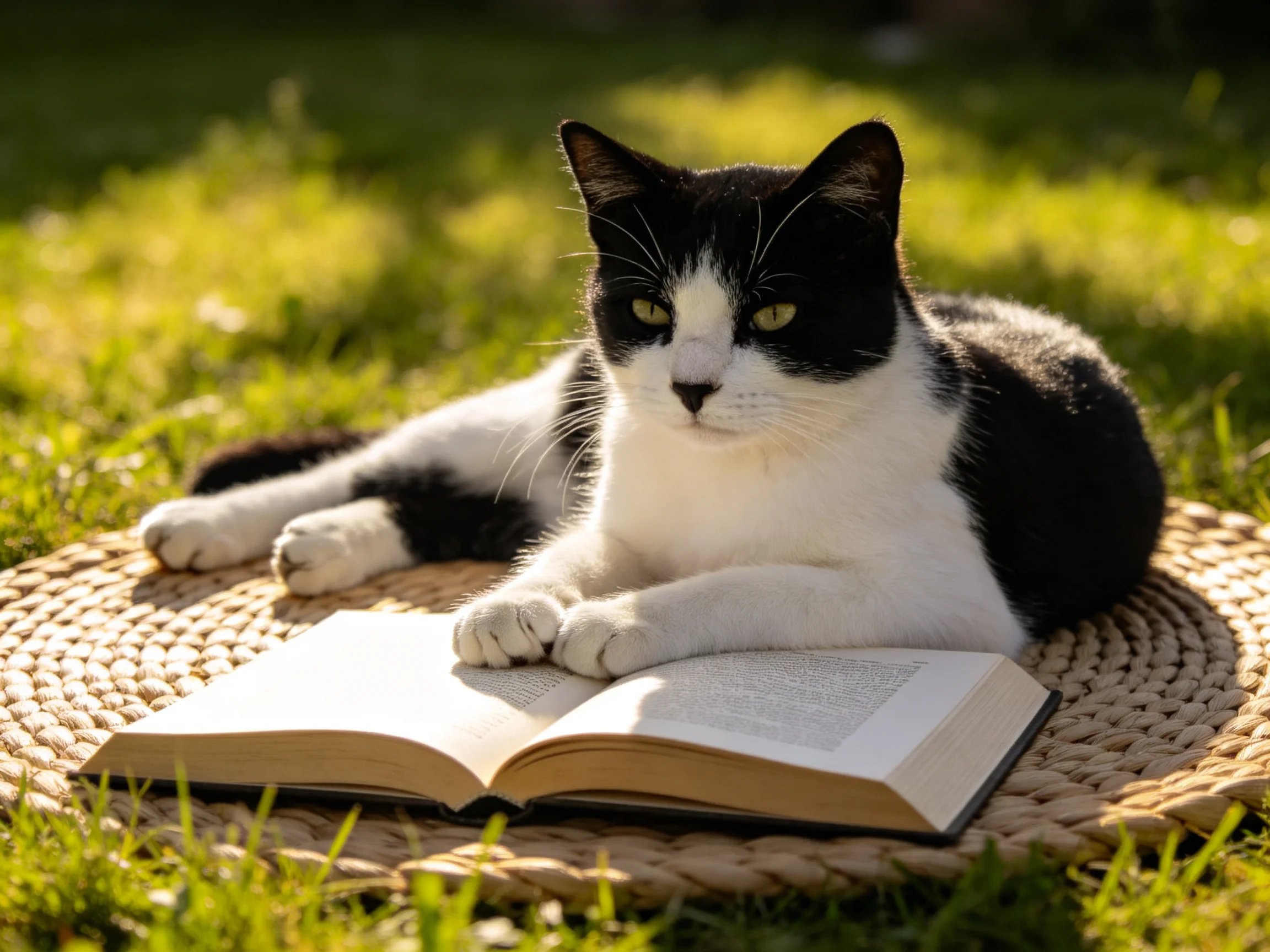 A black-and-white cat rests beside an open book on a woven mat in a sunny garden