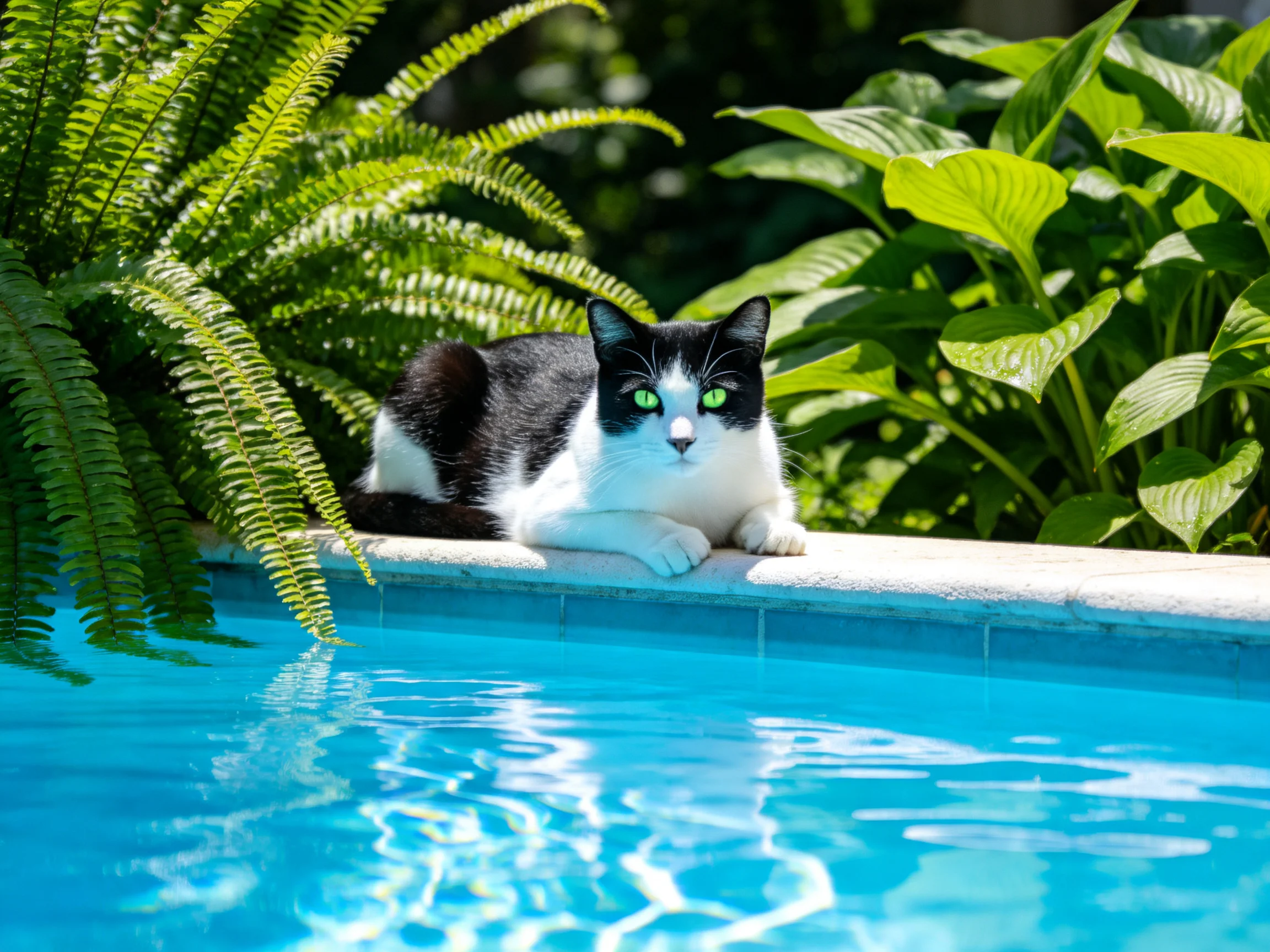 A black-and-white cat relaxes near a swimming pool surrounded by vibrant plants.