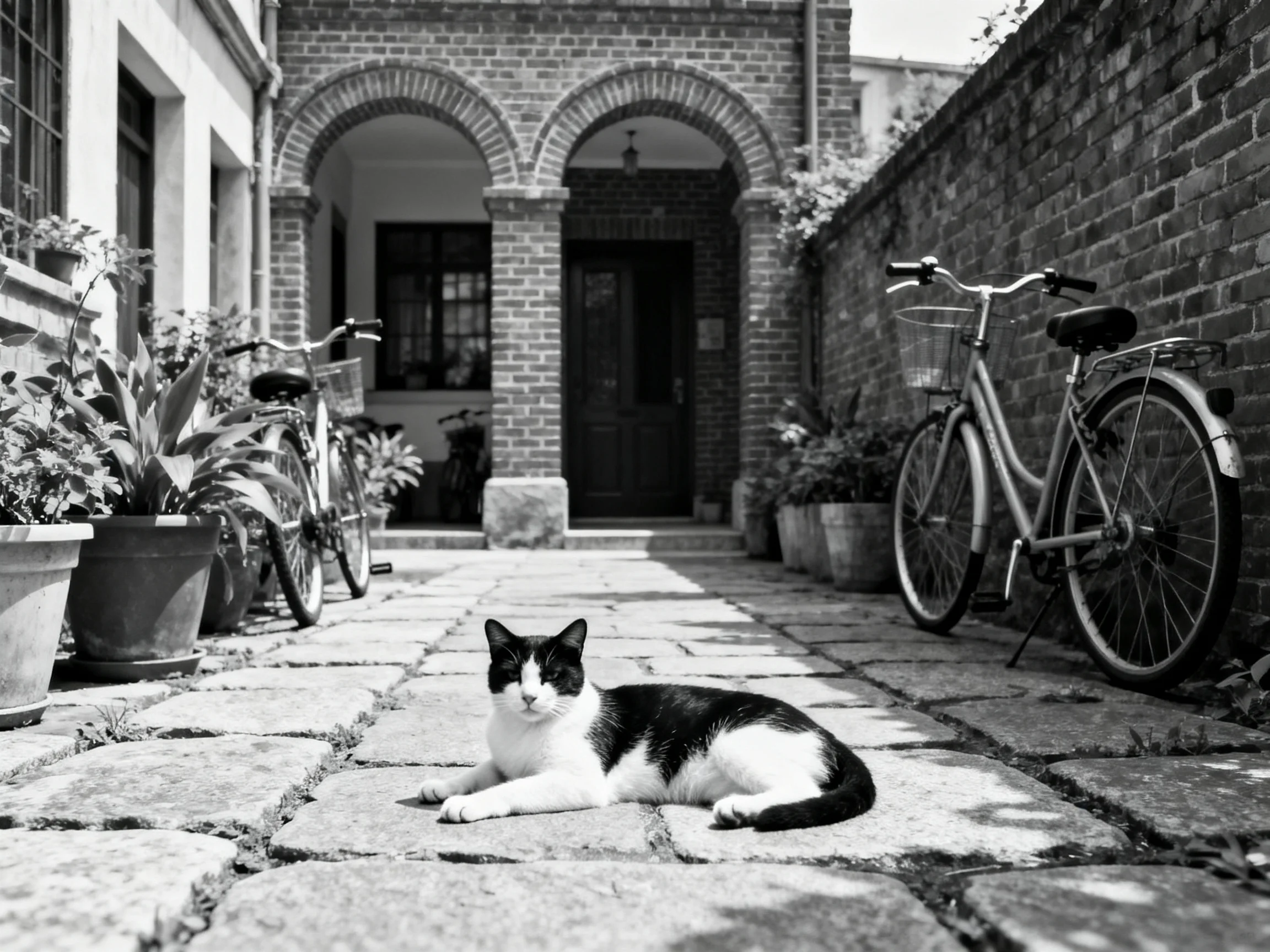 A black-and-white cat relaxes on stone pavement in a courtyard with bicycles.