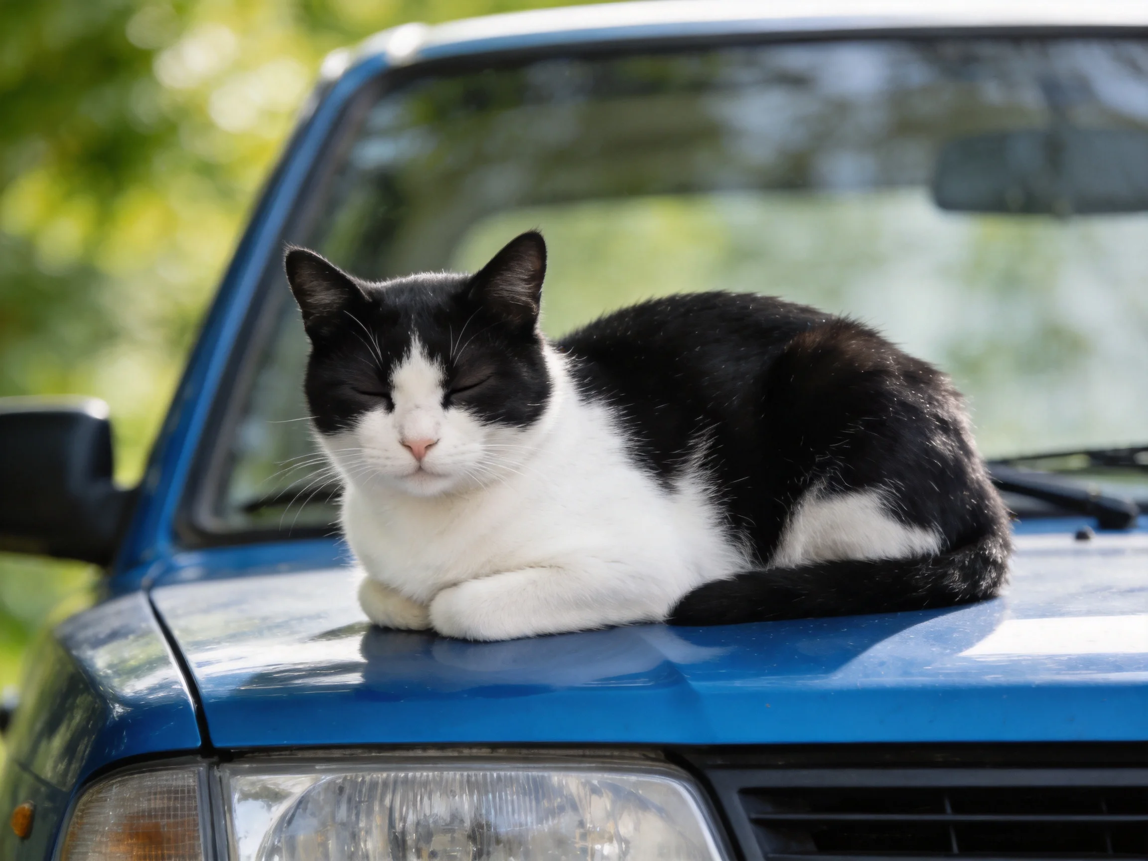A black and white cat relaxes on a blue cars hood