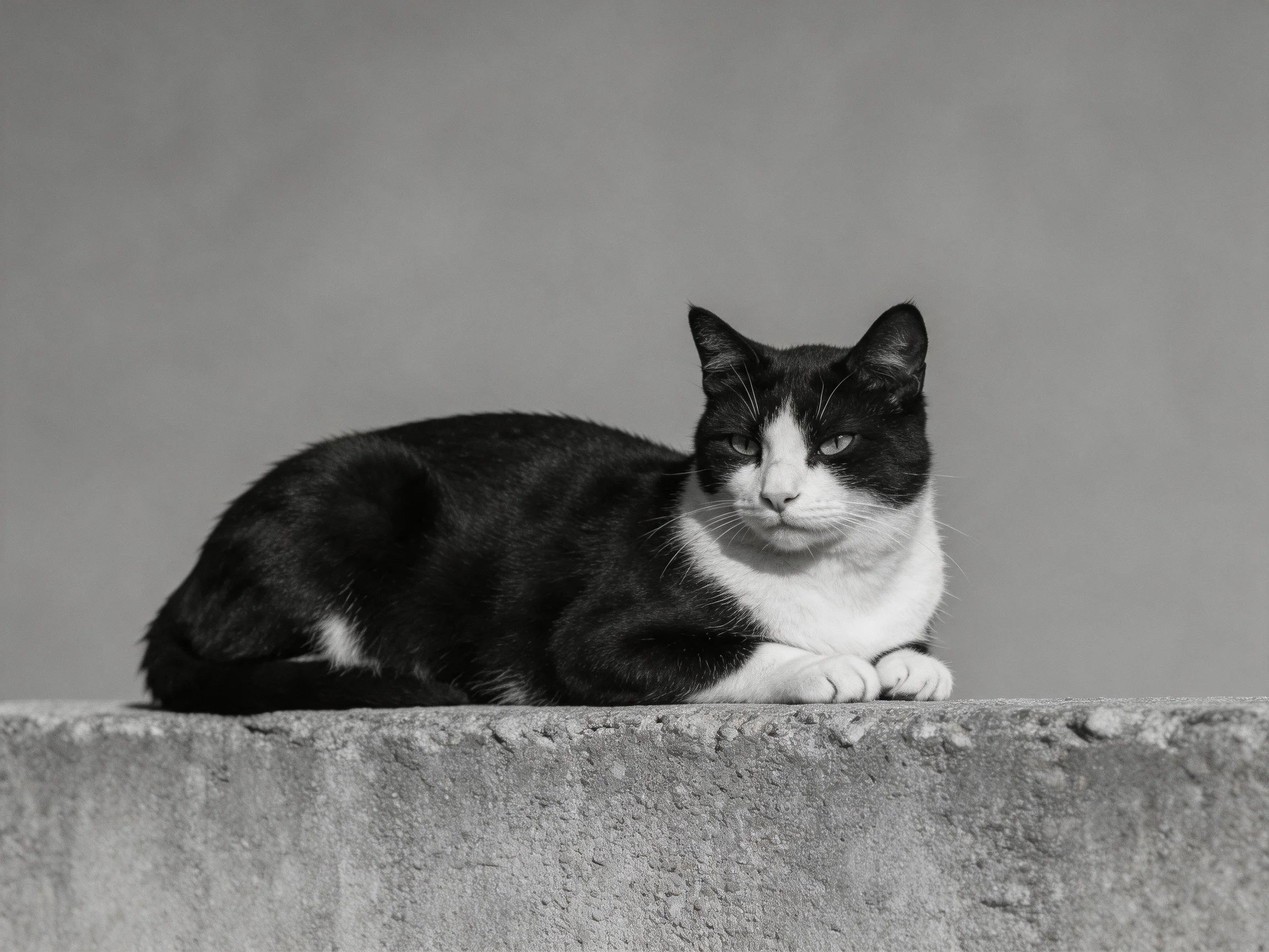 A black and white cat rests on a concrete ledge against a plain backdrop