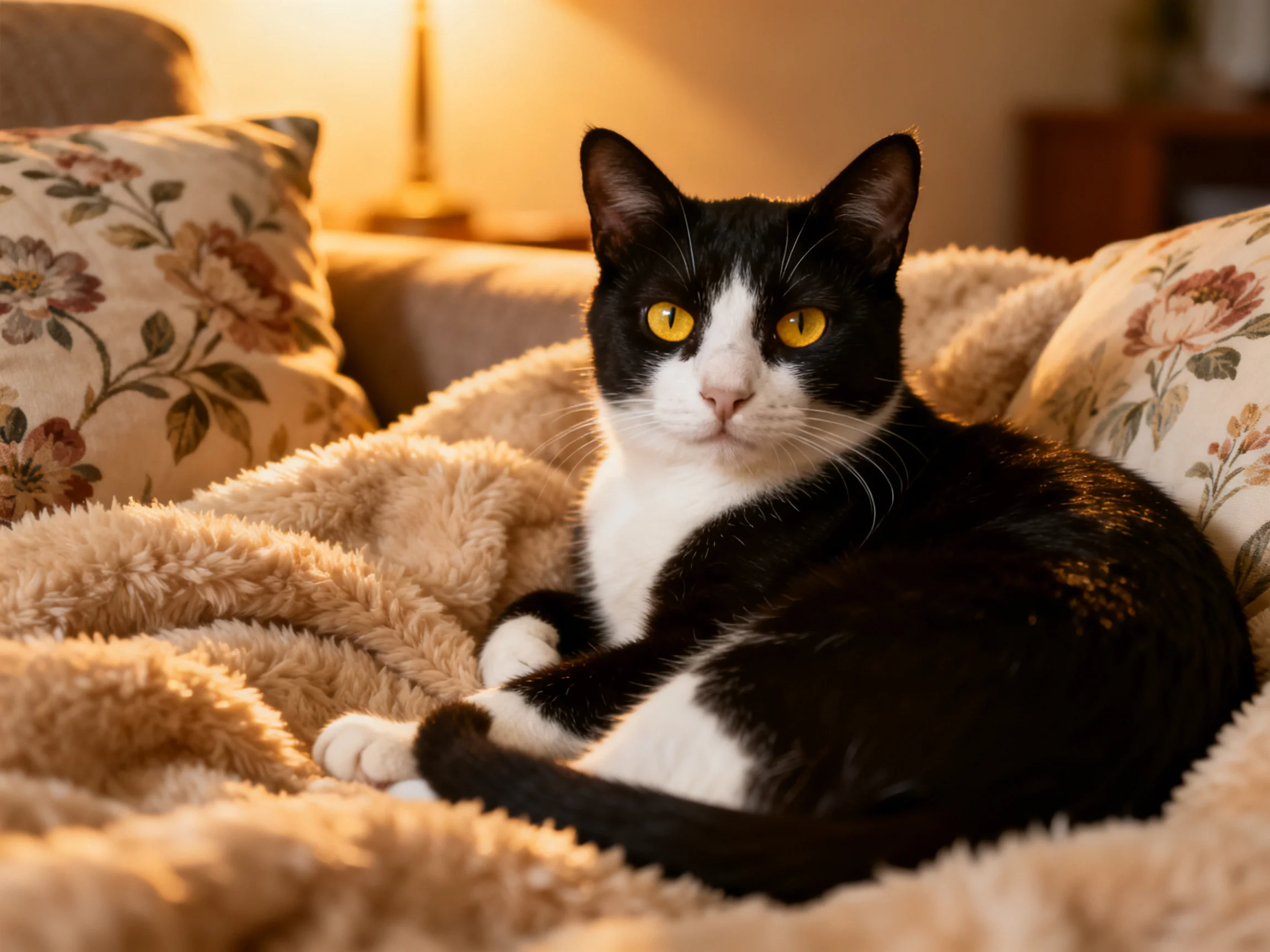 A black-and-white cat rests on a plush beige blanket near floral cushions