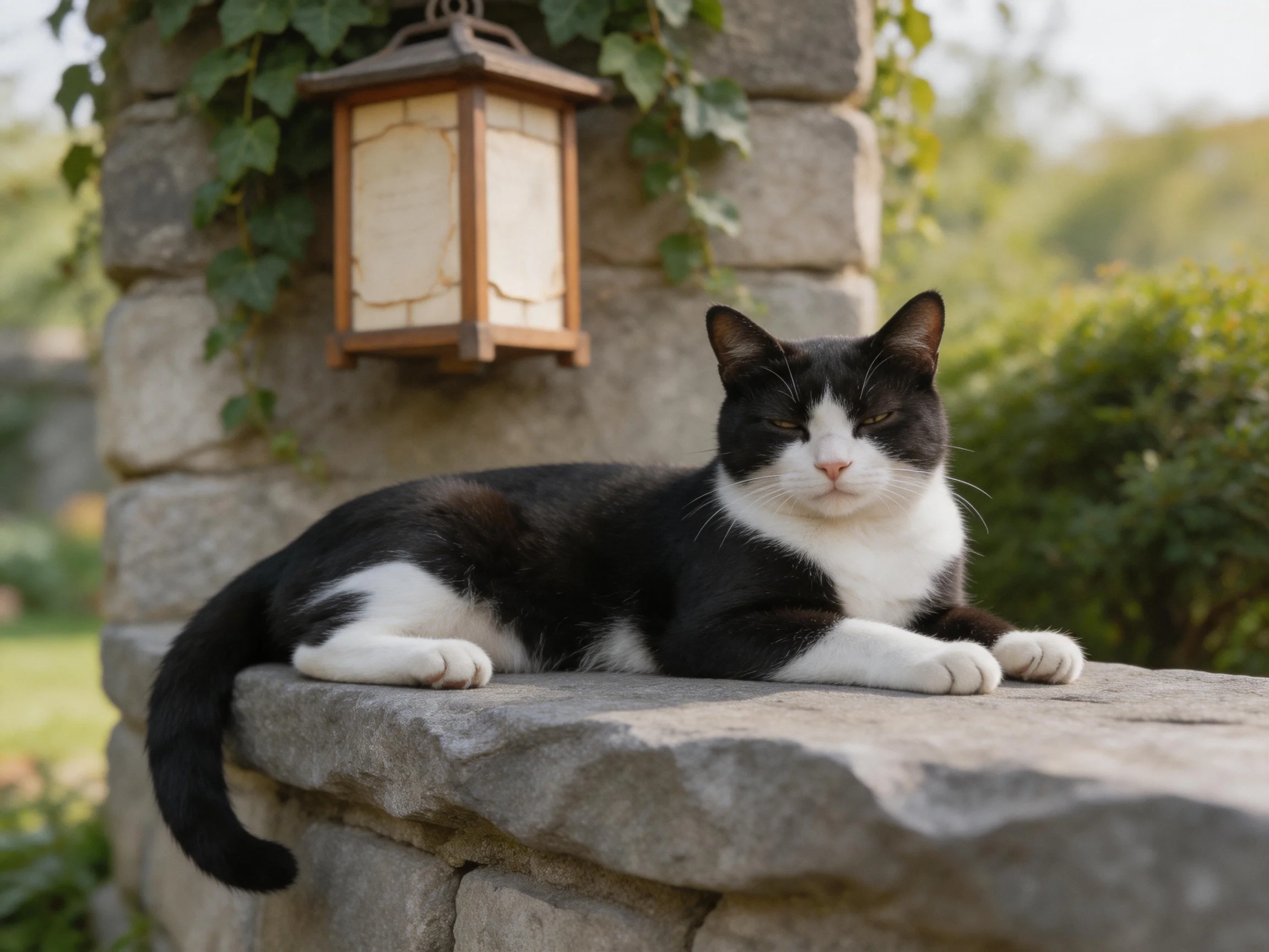 A black-and-white cat rests on a stone ledge near an old lantern
