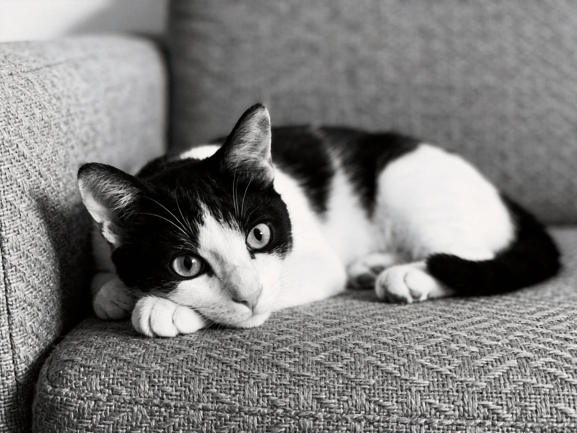 A black-and-white cat rests on a textured gray sofa