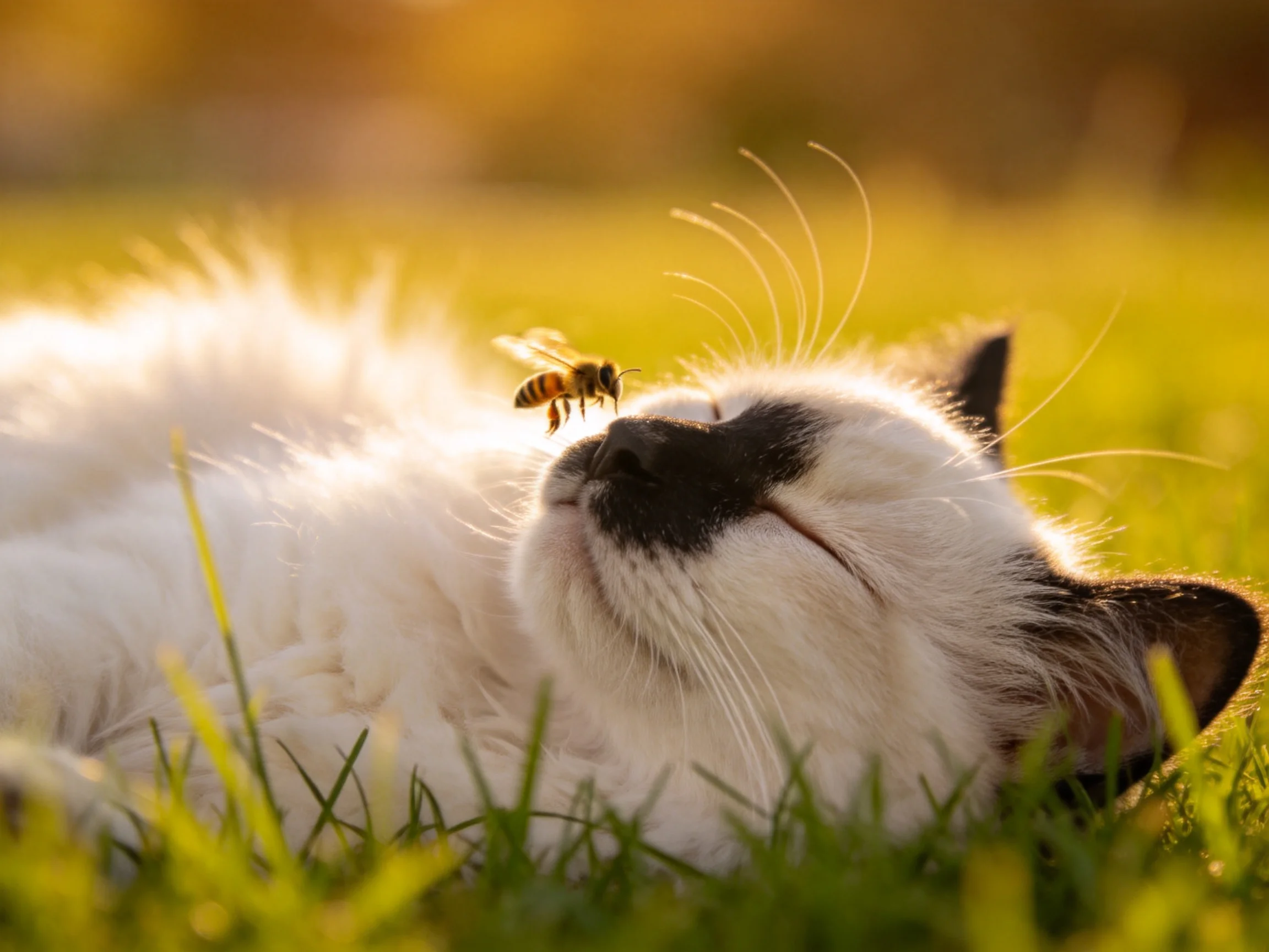 A black-and-white cat relaxes on grass with a bee near its face.