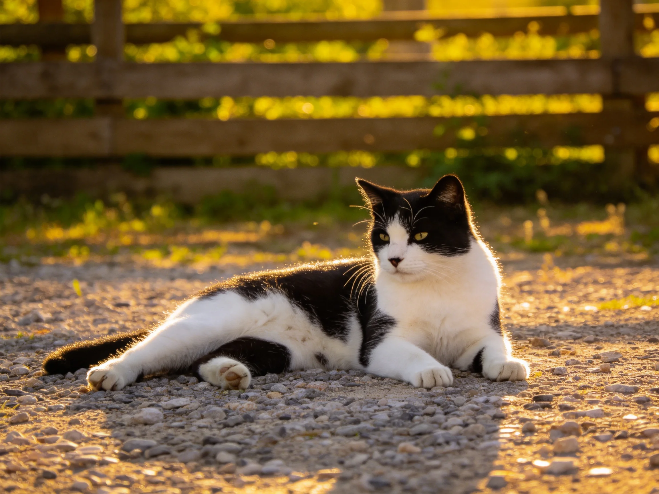 A black-and-white cat rests on gravel near a wooden fence at sunset