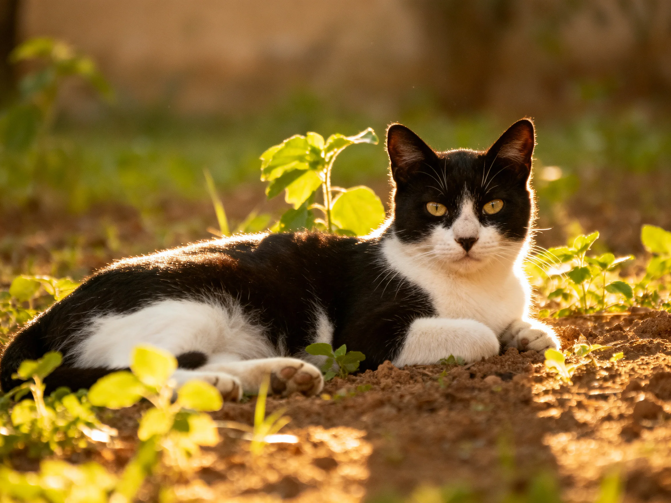 A black-and-white cat relaxes on sunlit ground among plants.