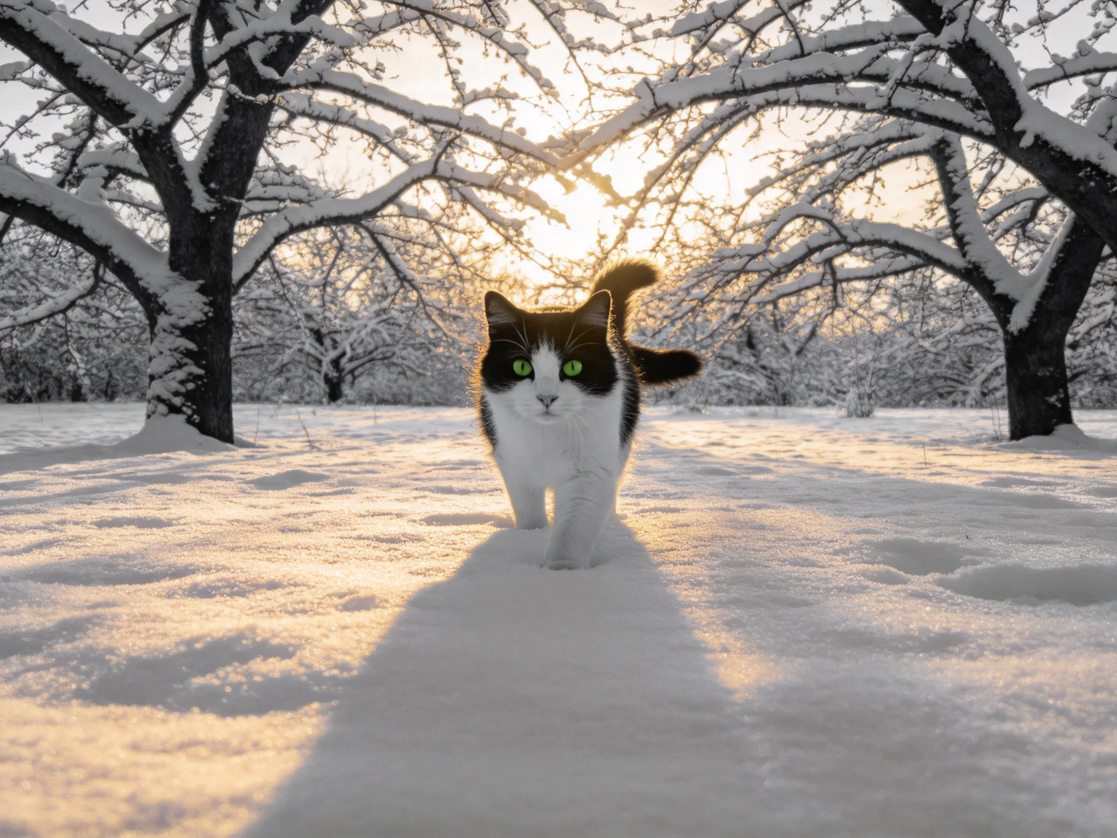 A black-and-white cat roams a snow-draped orchard under golden sunlight