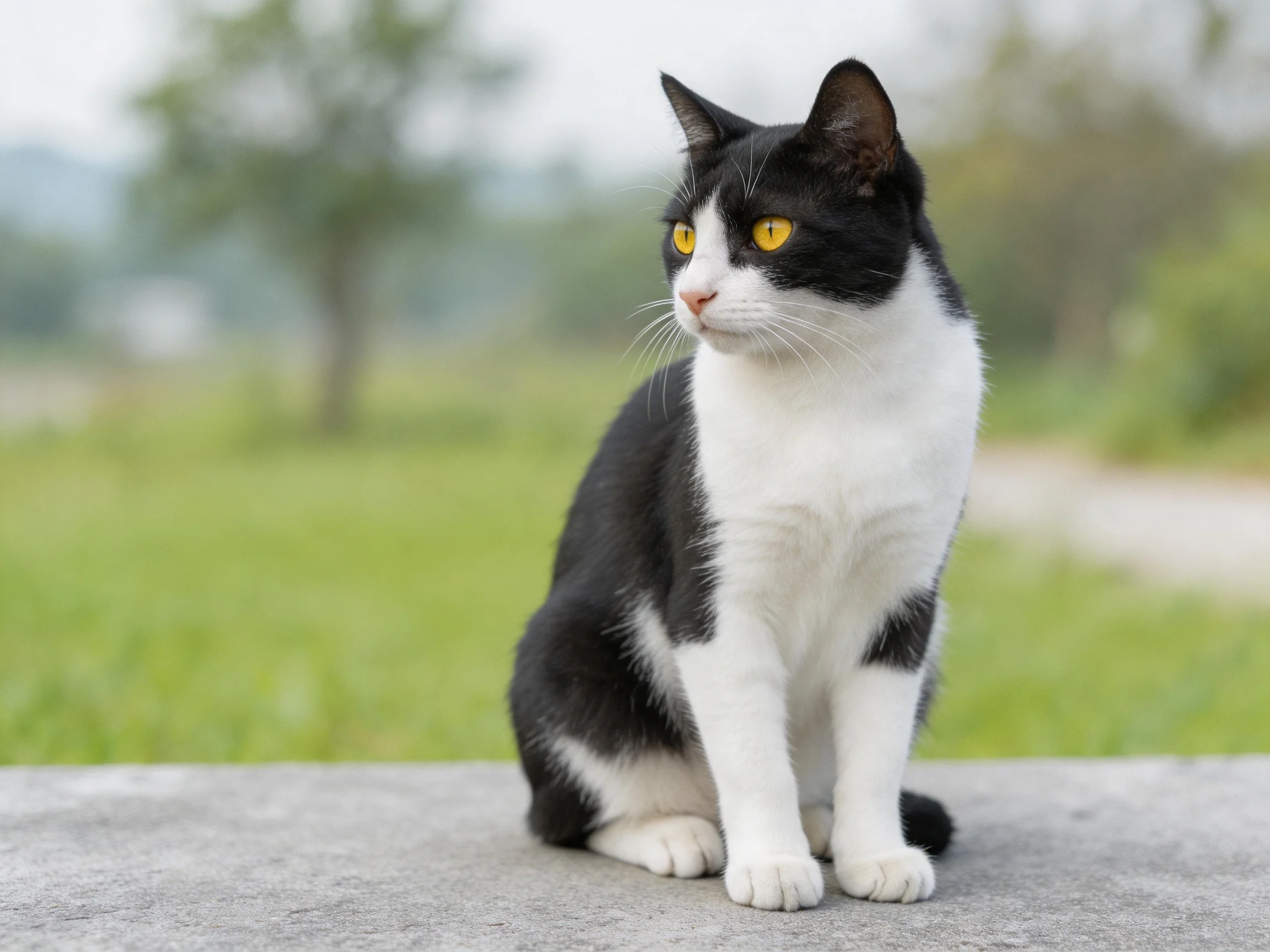 A black and white cat sits alertly on a stone surface amid greenery