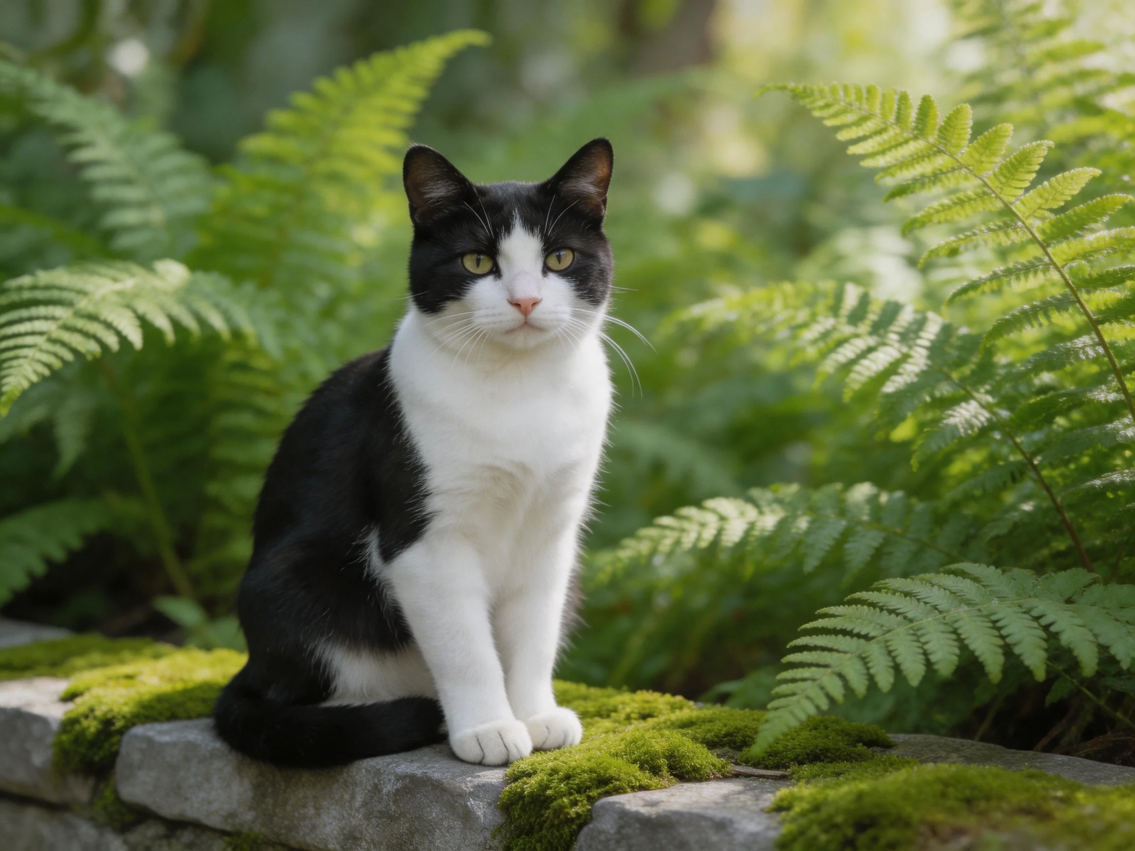 A black-and-white cat rests near vibrant green ferns in a mossy outdoor area.