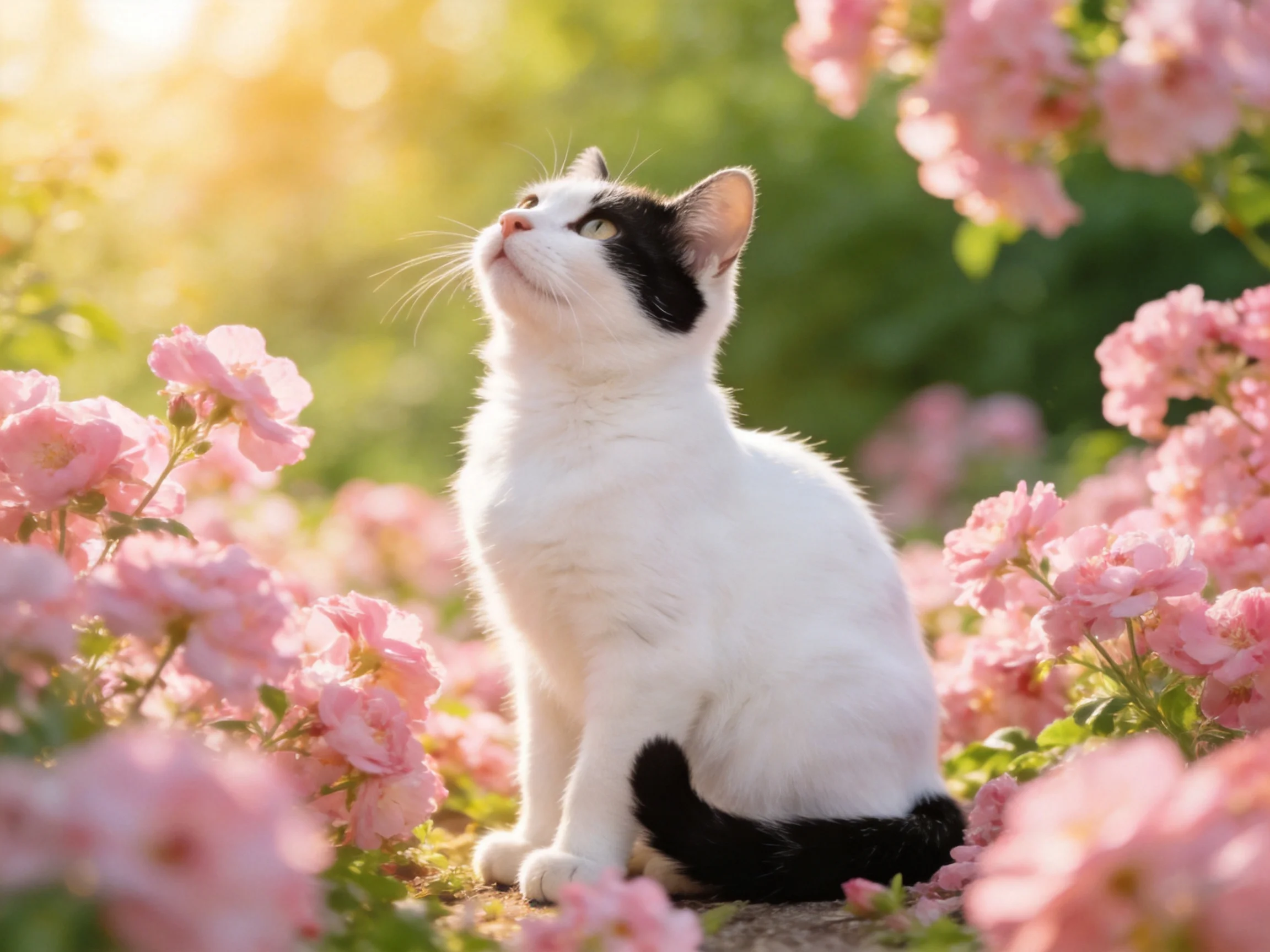A black-and-white cat enjoys a peaceful moment among pink roses in a sunlit garden.