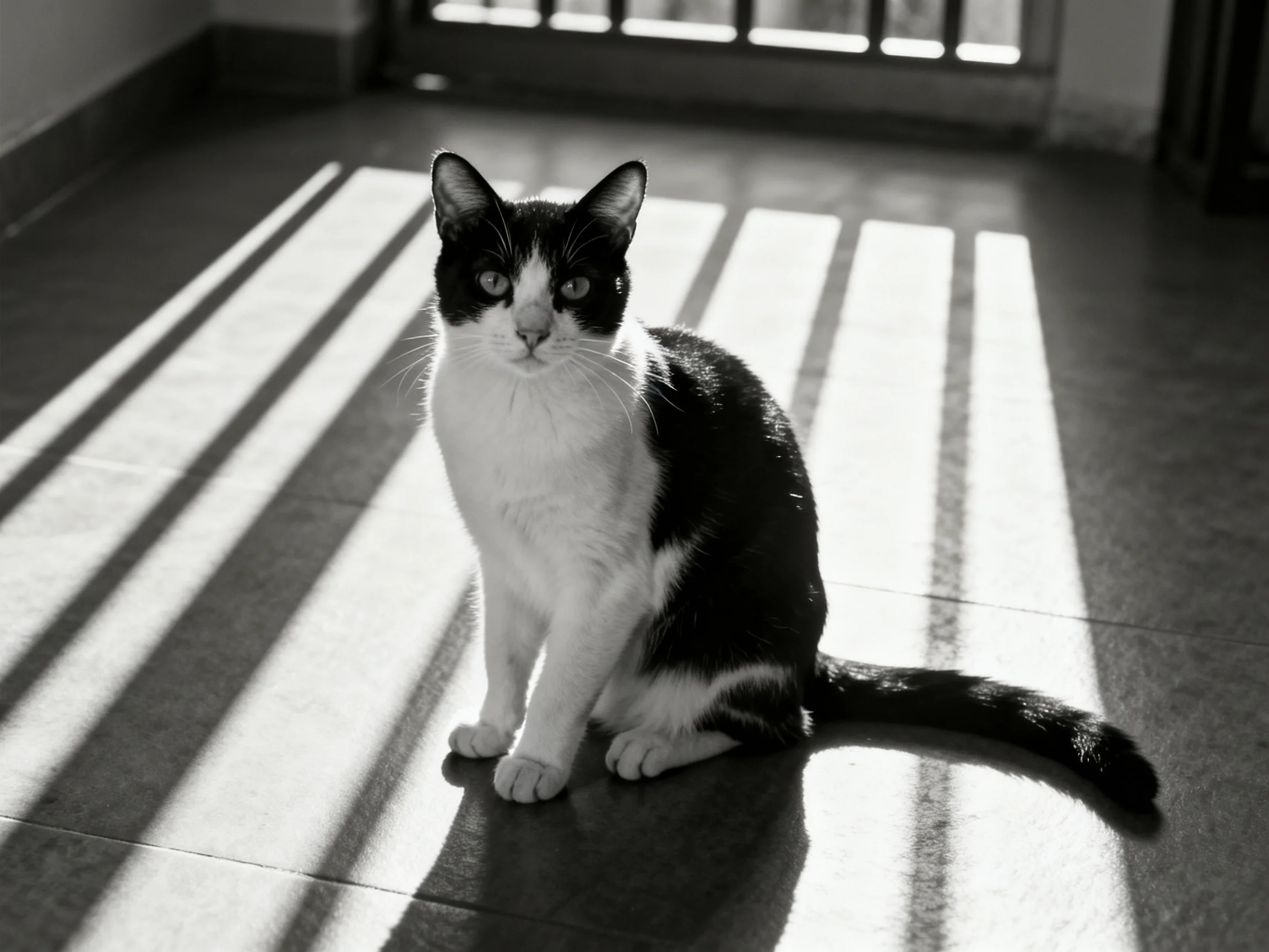 A black and white cat sits among sunlight stripes on tiled floors.