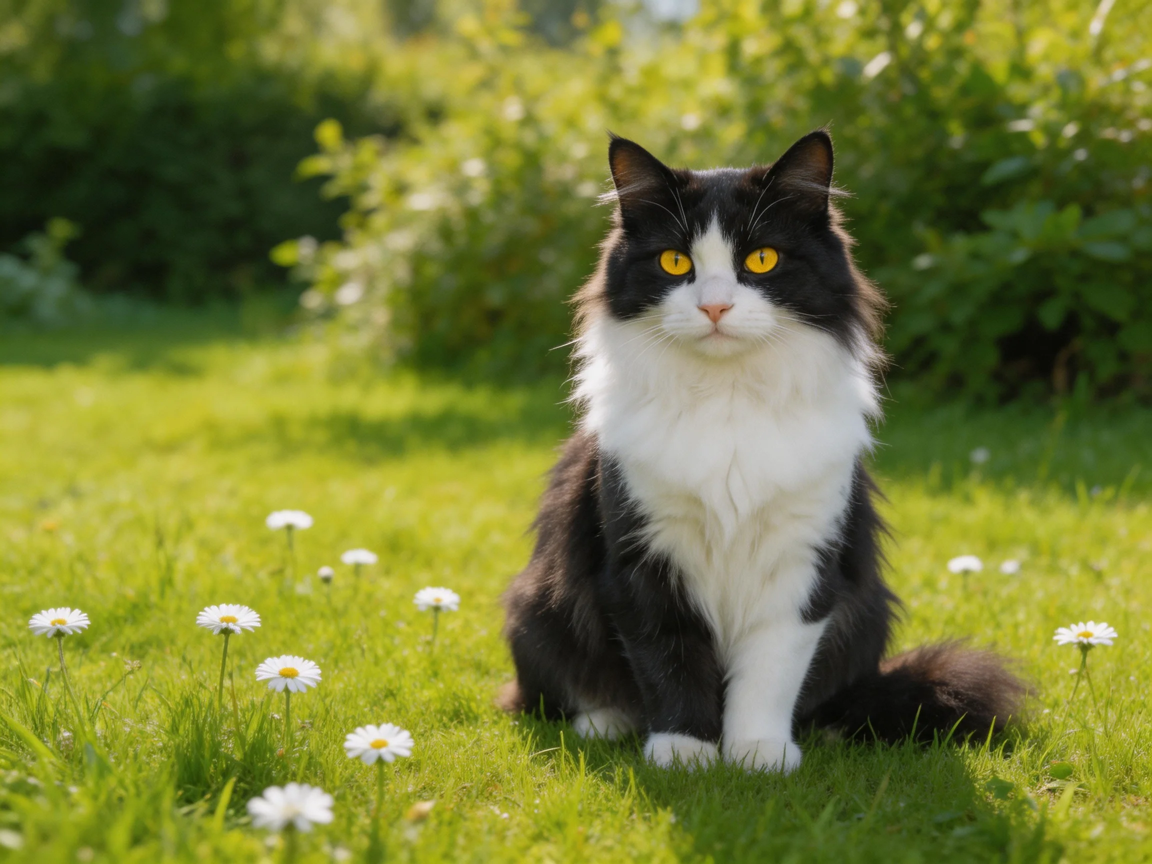 A black-and-white cat sits peacefully in a sunlit garden with white daisies.