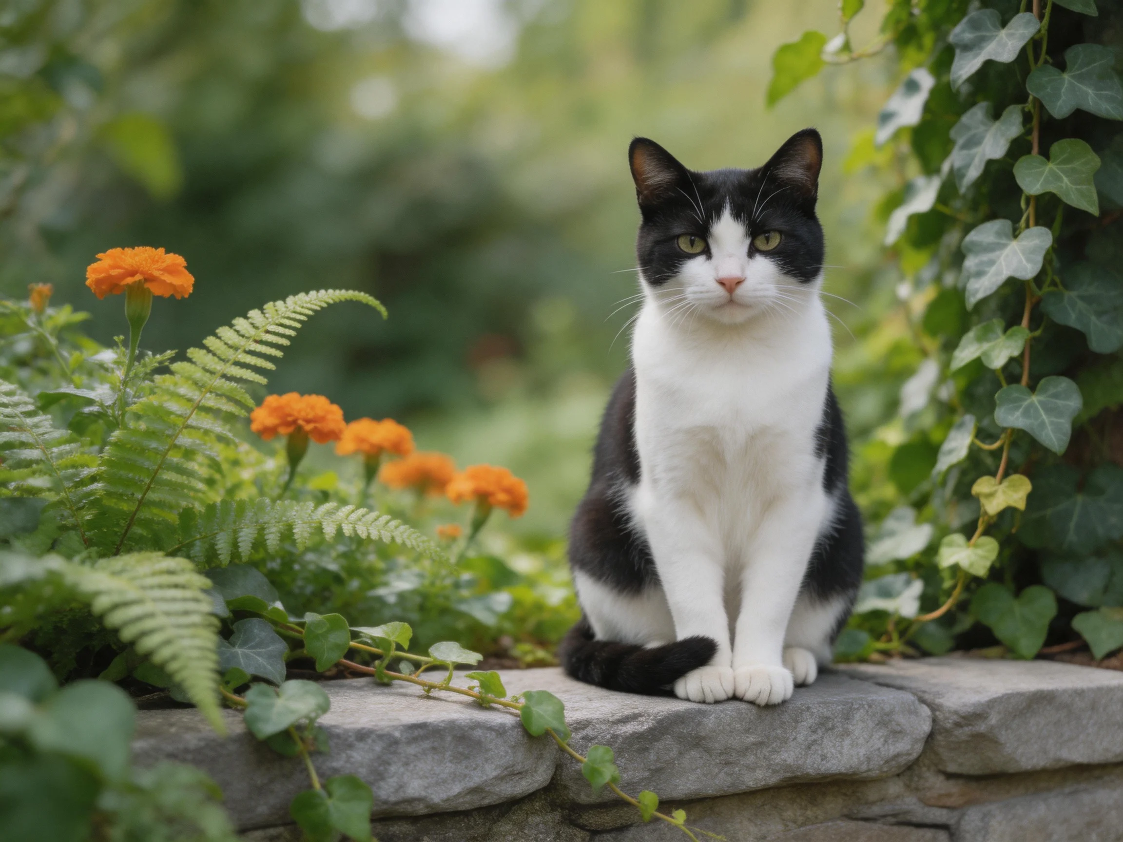 A black-and-white cat rests near colorful blooms amid green foliage.