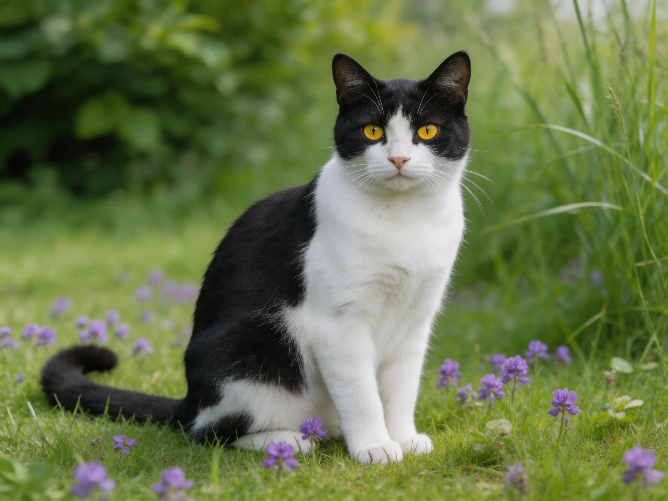 A black-and-white cat sits calmly amid purple flowers and greenery.
