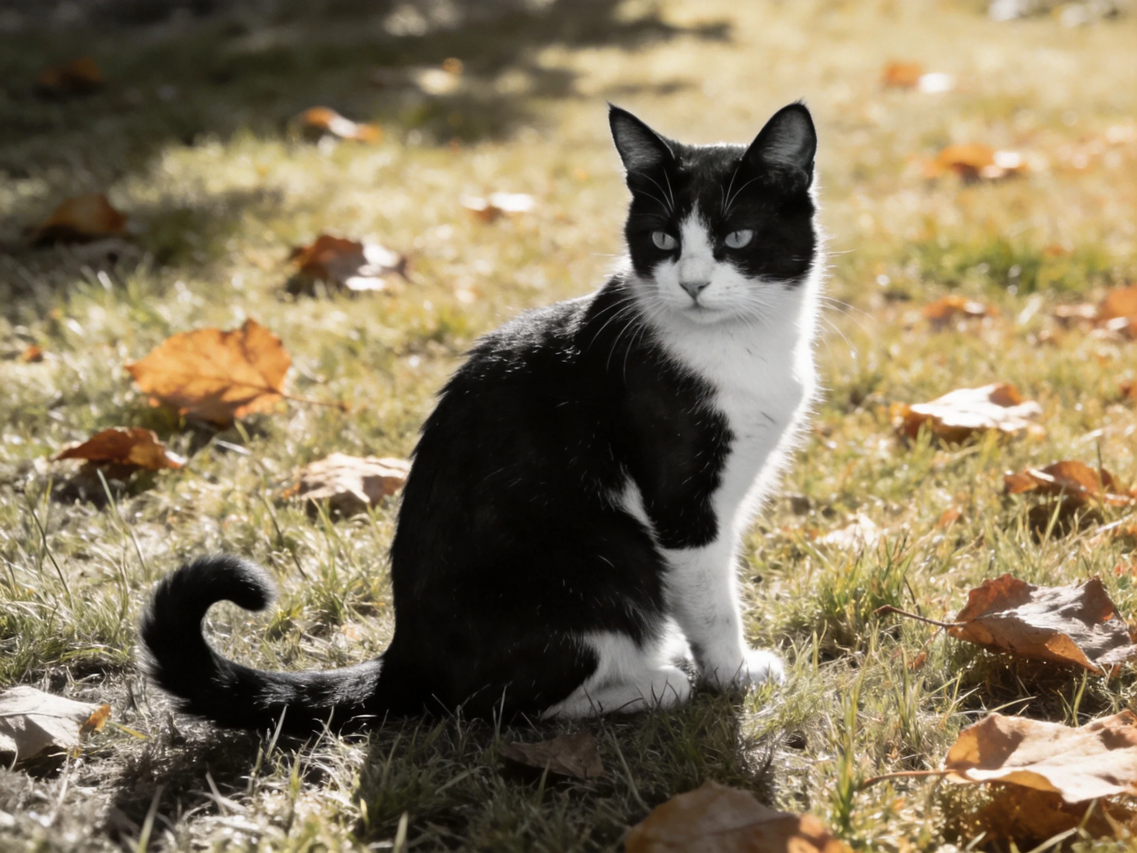 A black-and-white cat sits calmly among fallen leaves in a sunlit outdoor area.