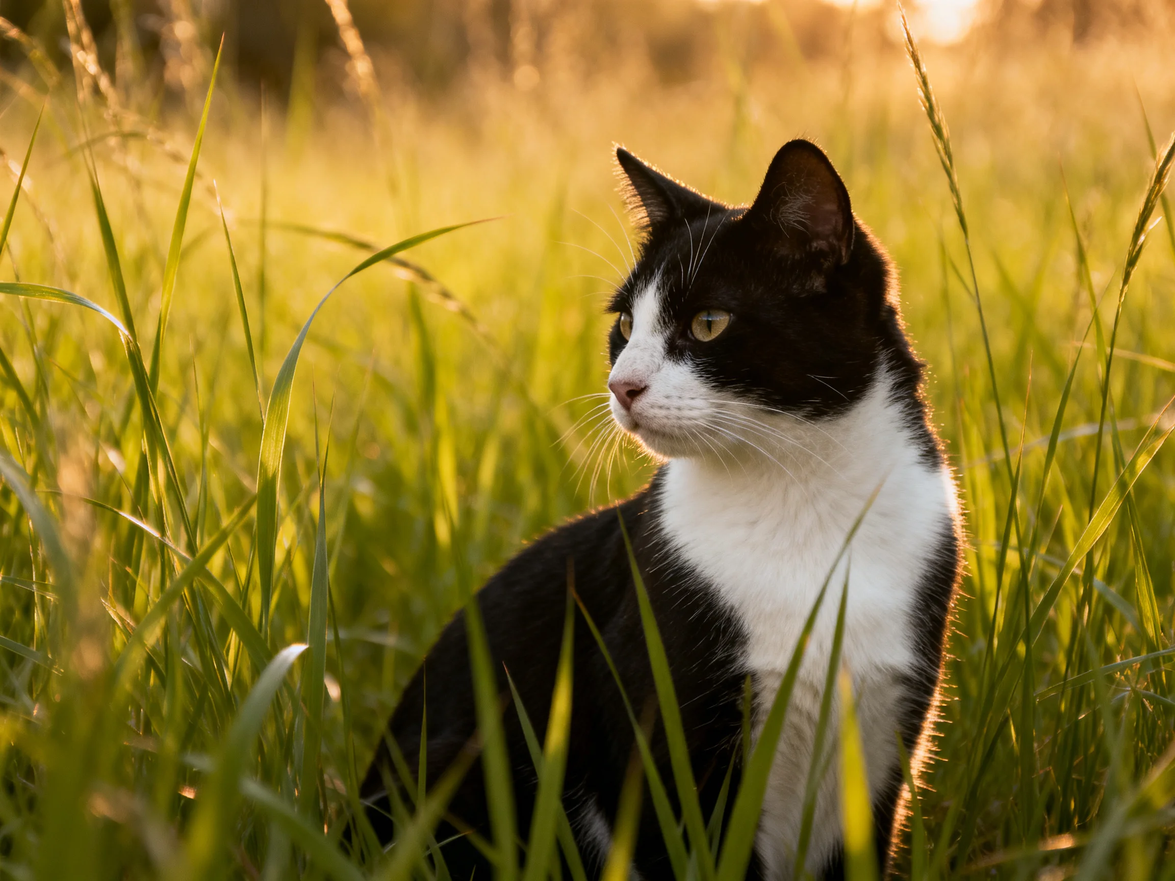 A black-and-white cat is nestled in tall grass during golden-hour sunlight.