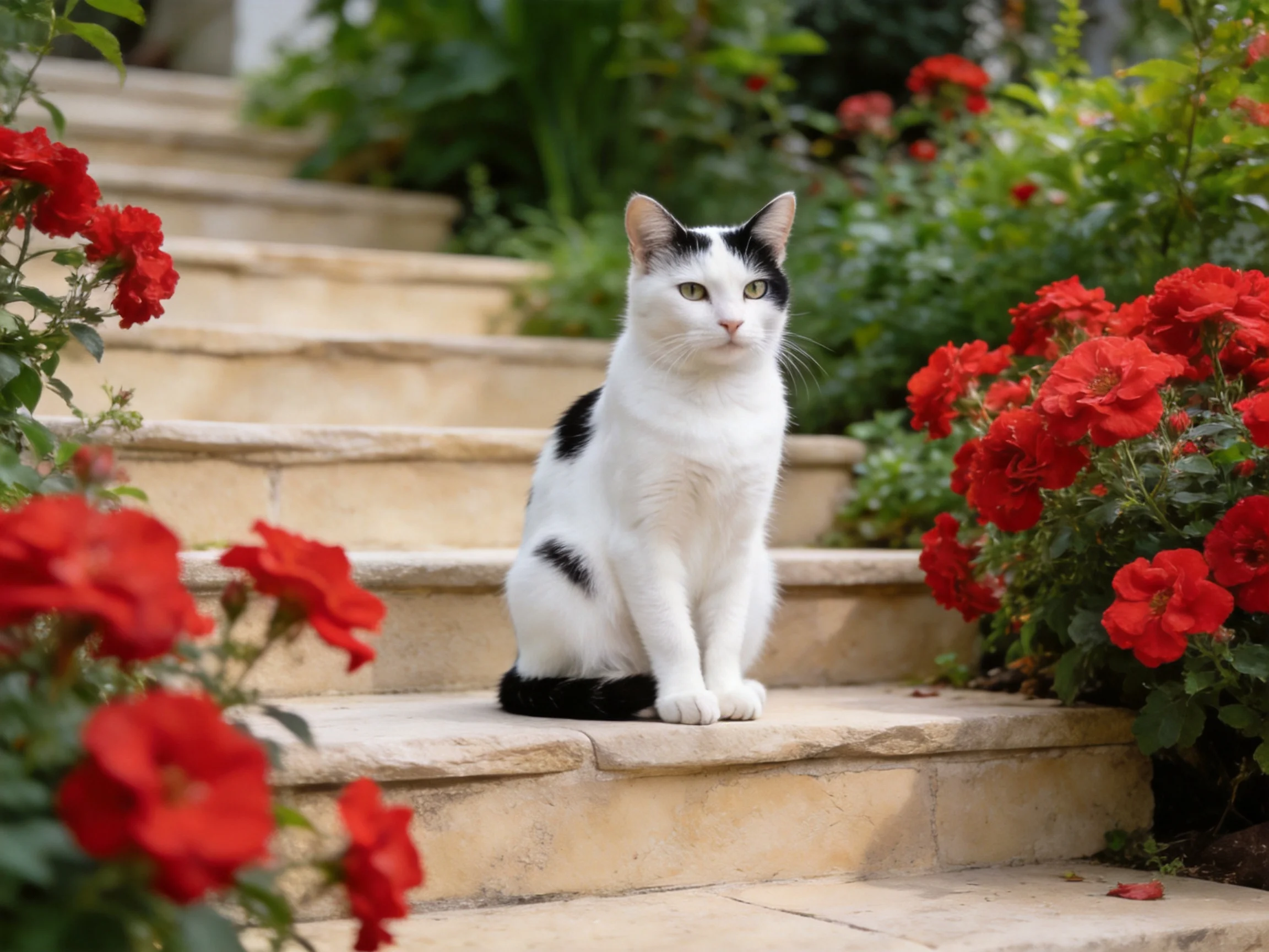 A black-and-white cat sits on stone steps surrounded by red roses.