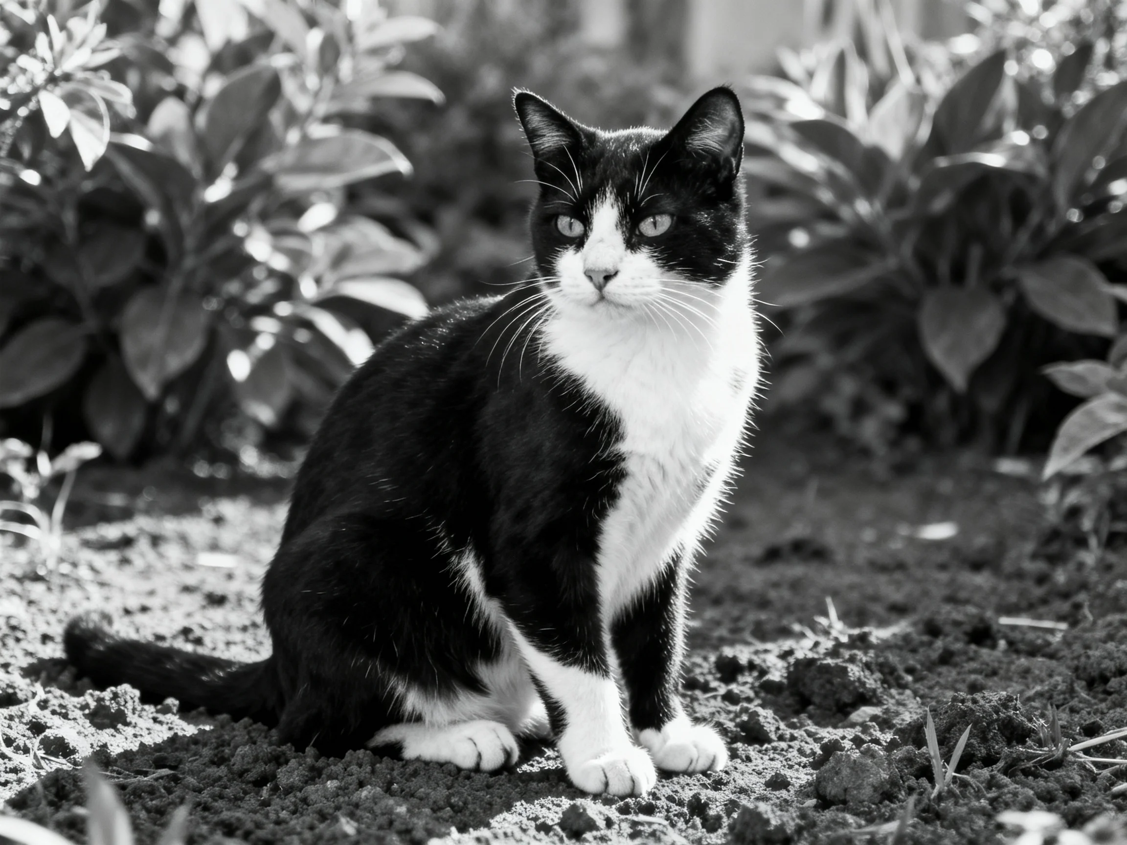 A black-and-white cat sits attentively amid garden foliage