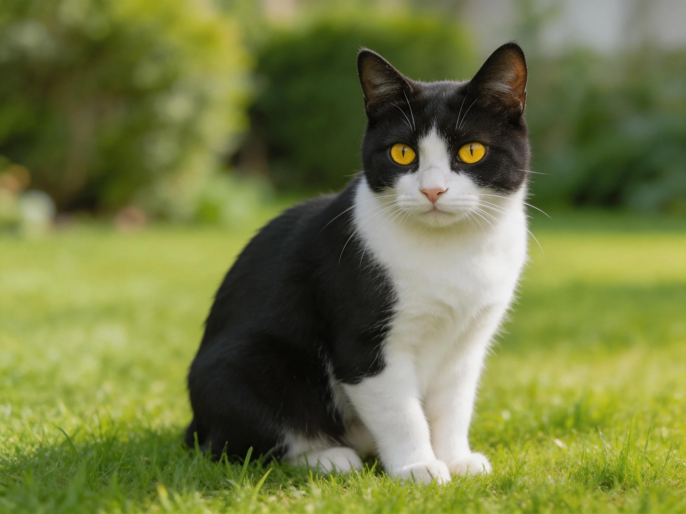 A black and white cat sits attentively on lush green grass