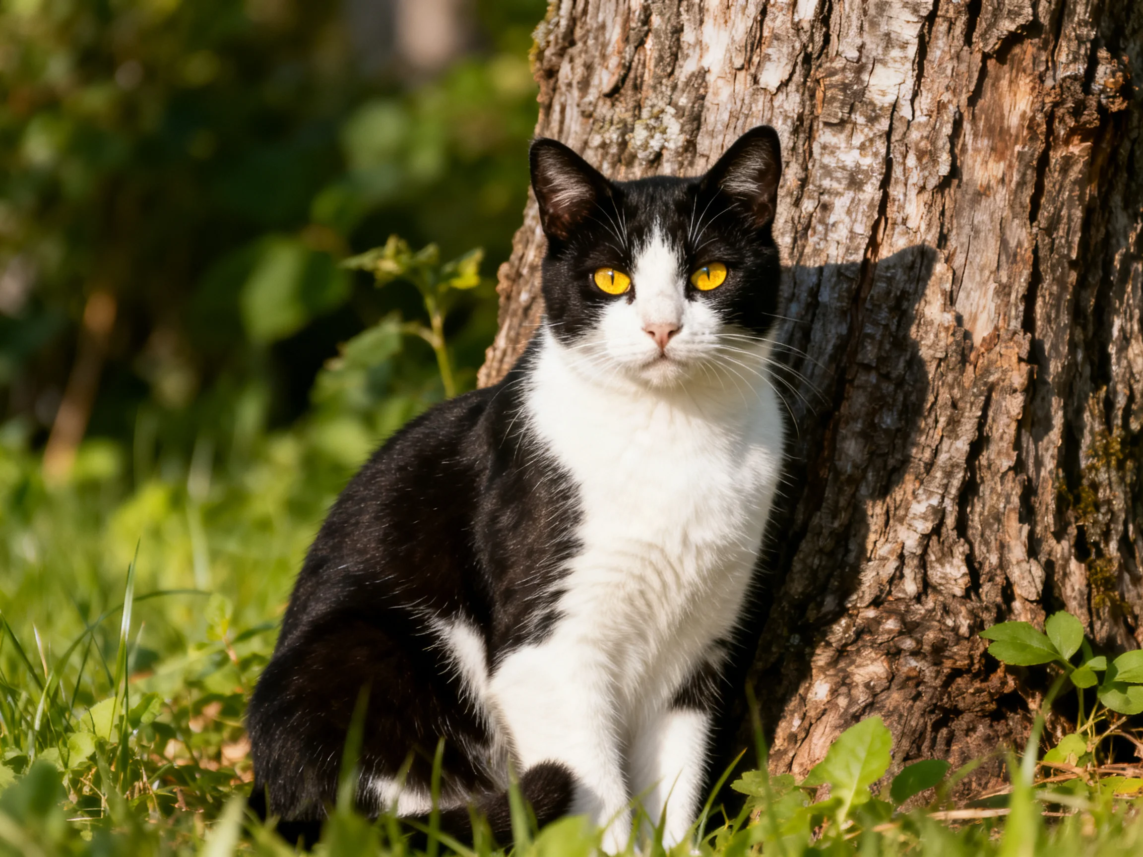 A black and white cat sits near a tree trunk in a sunlit grassy setting.