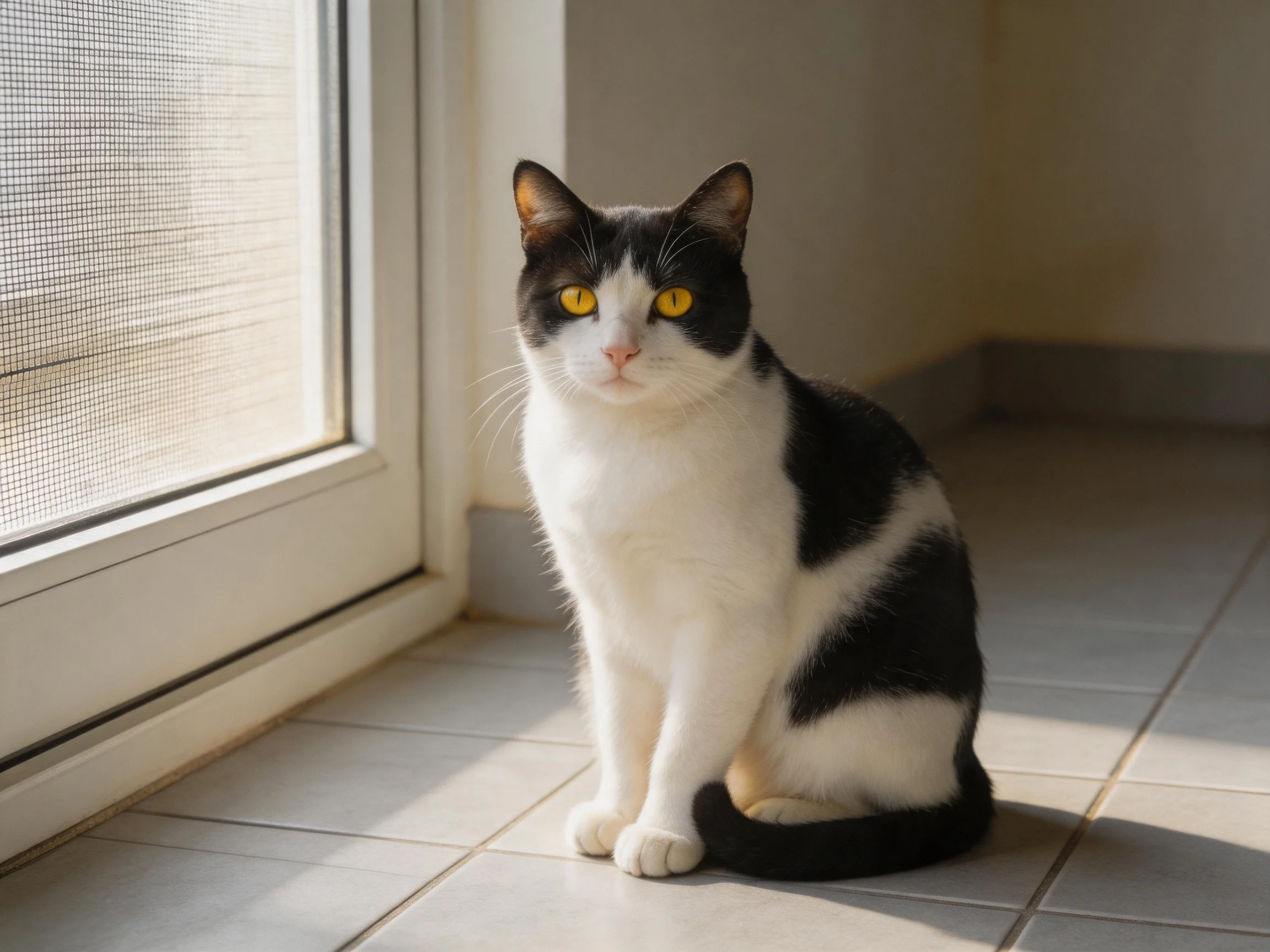 A black and white cat sits near a screen door on tiled flooring.